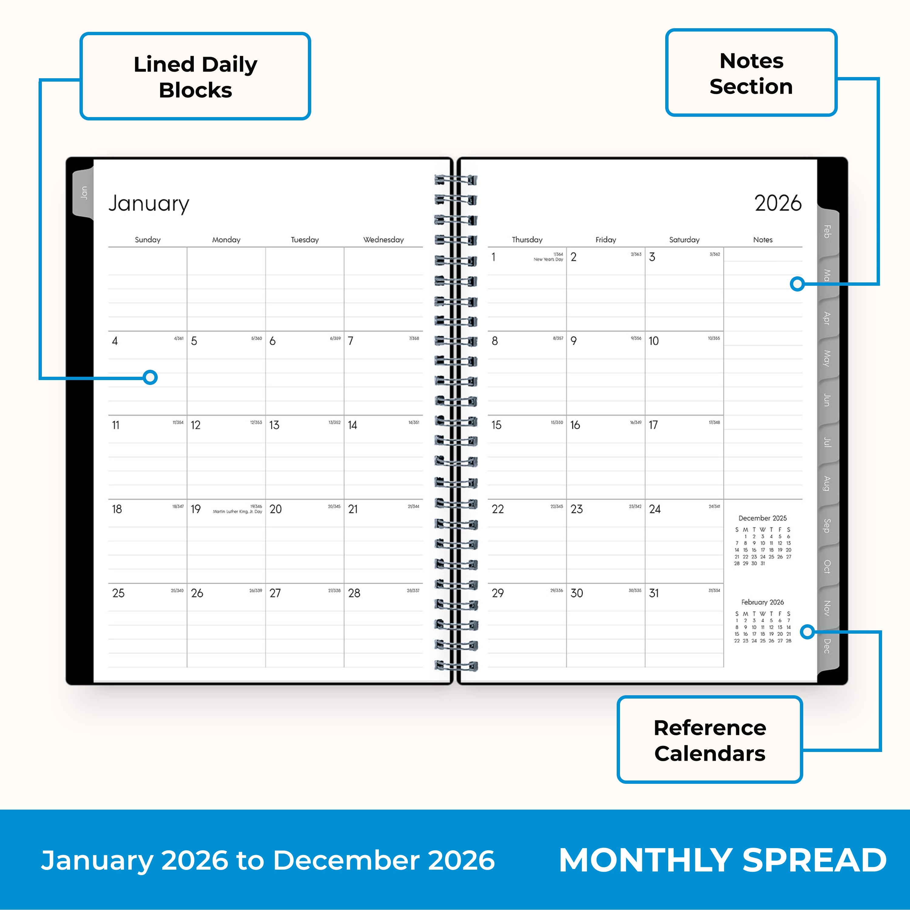 monthly spread for 2026 featuring lined writing space, lined notes section, and reference calendars
