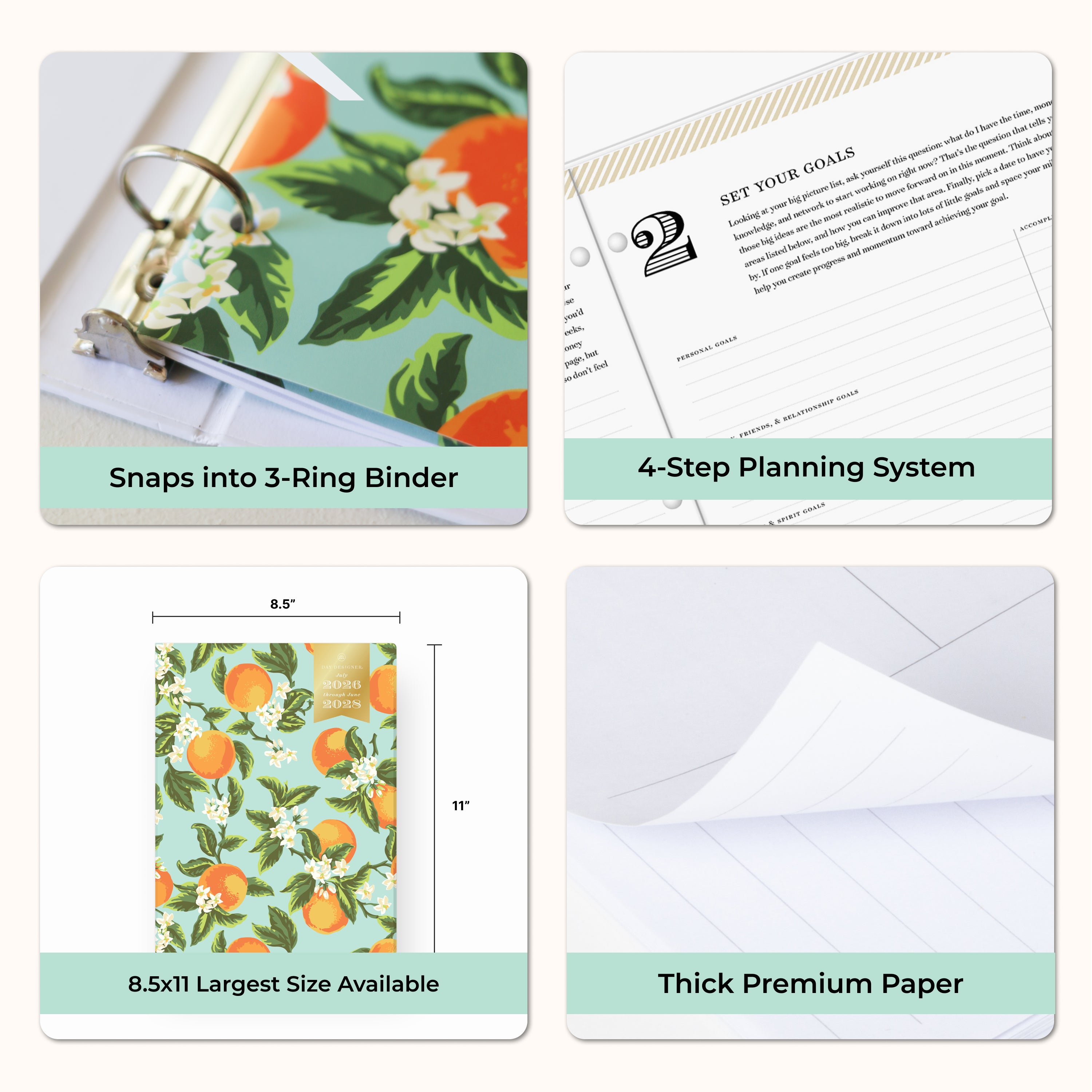 Collage of a planner with features highlighted, including 3 pinched holes for ring binder, 8.5x11 planner size, and thick premium paper.