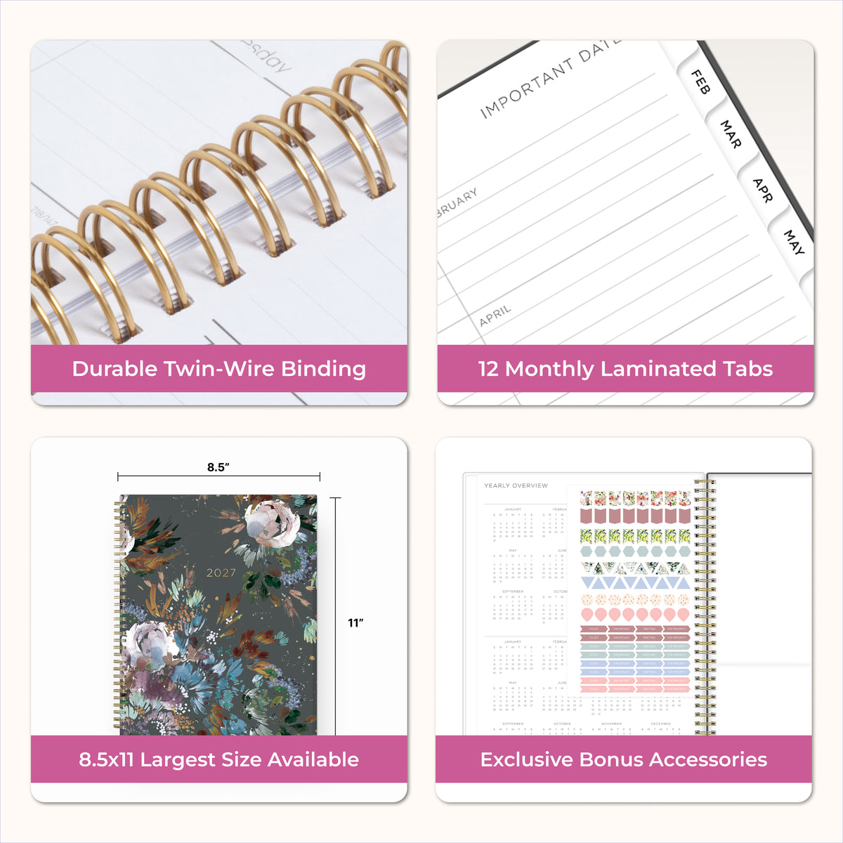 twin wire o binding, 8.5x11, monthly tabs and sticker sheet