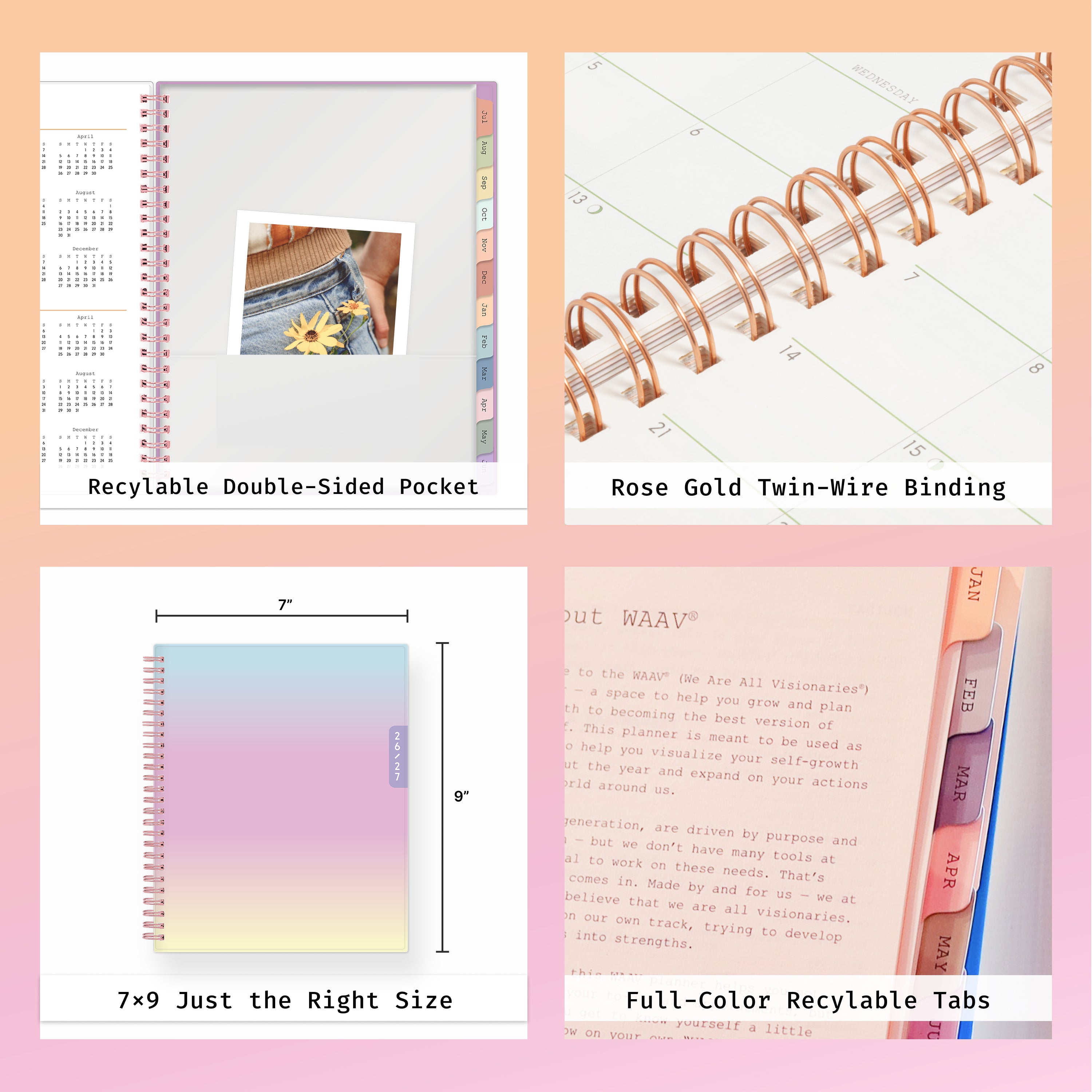 Collage of a planner with features highlighted, including durable twin-wire binding, special resources tab, and premium paper, laminated monthly tabs