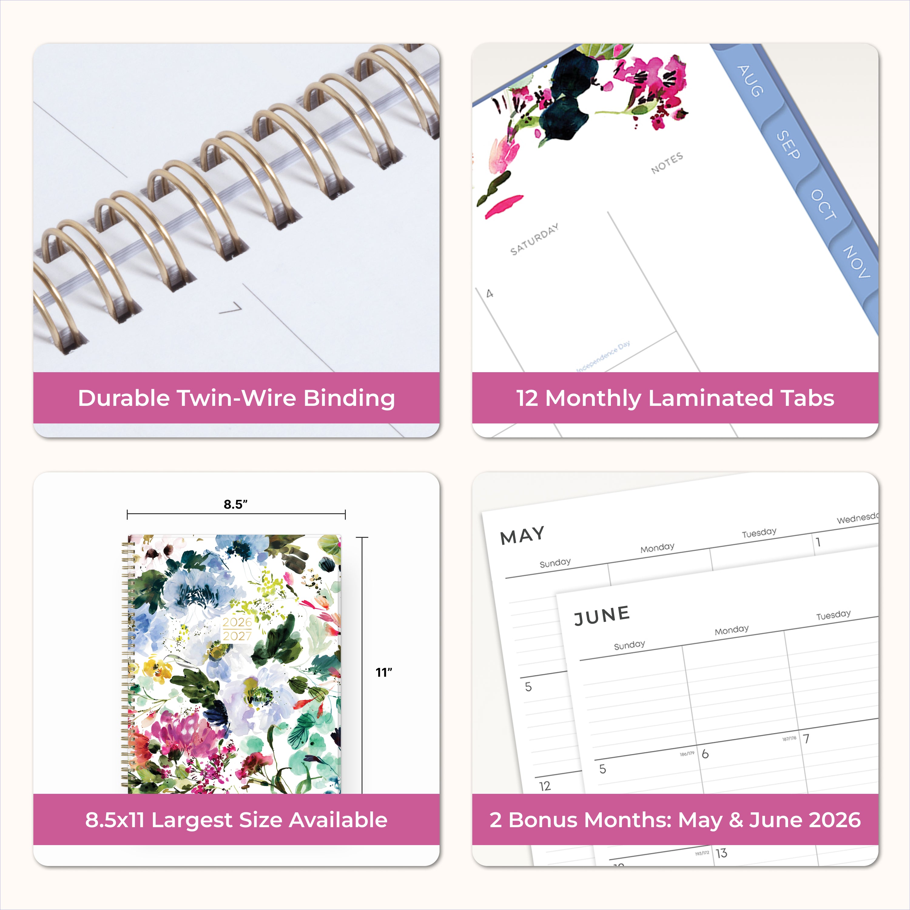 Collage of a planner with features highlighted, including durable twin-wire binding, special resources tab, and premium paper, laminated monthly tabs
