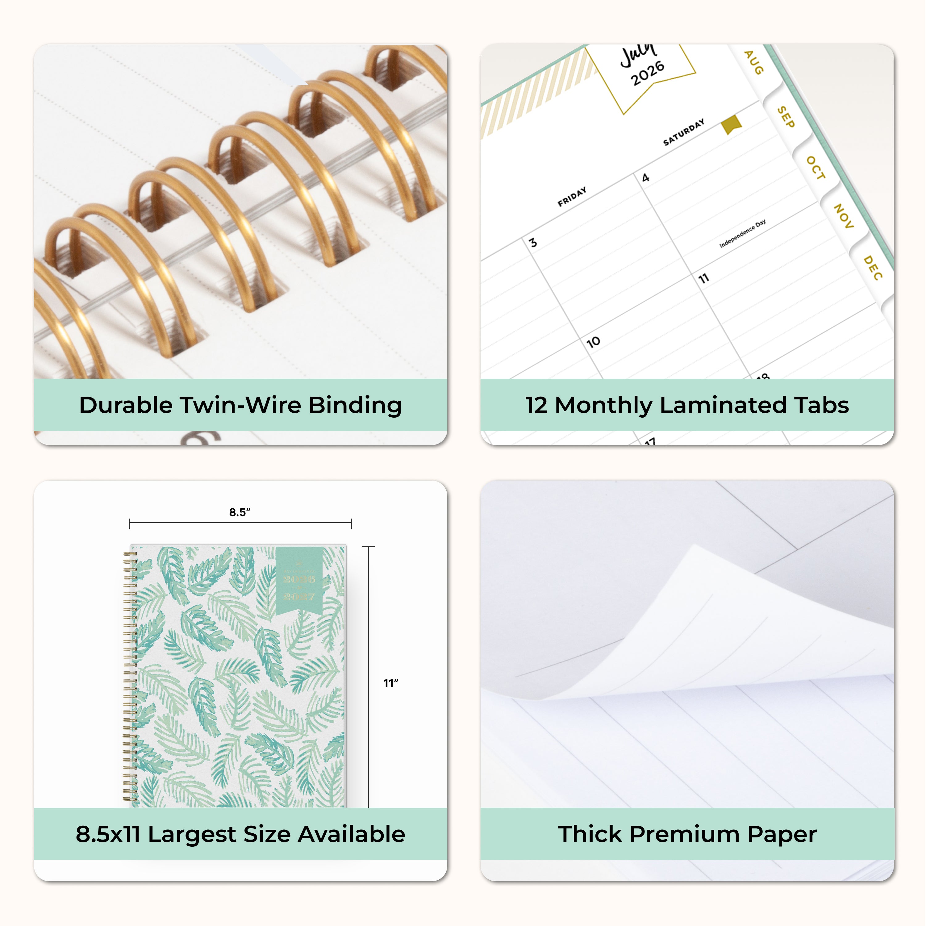 Collage of a planner with features highlighted, including durable twin-wire binding, special resources tab, and premium paper, laminated monthly tabs