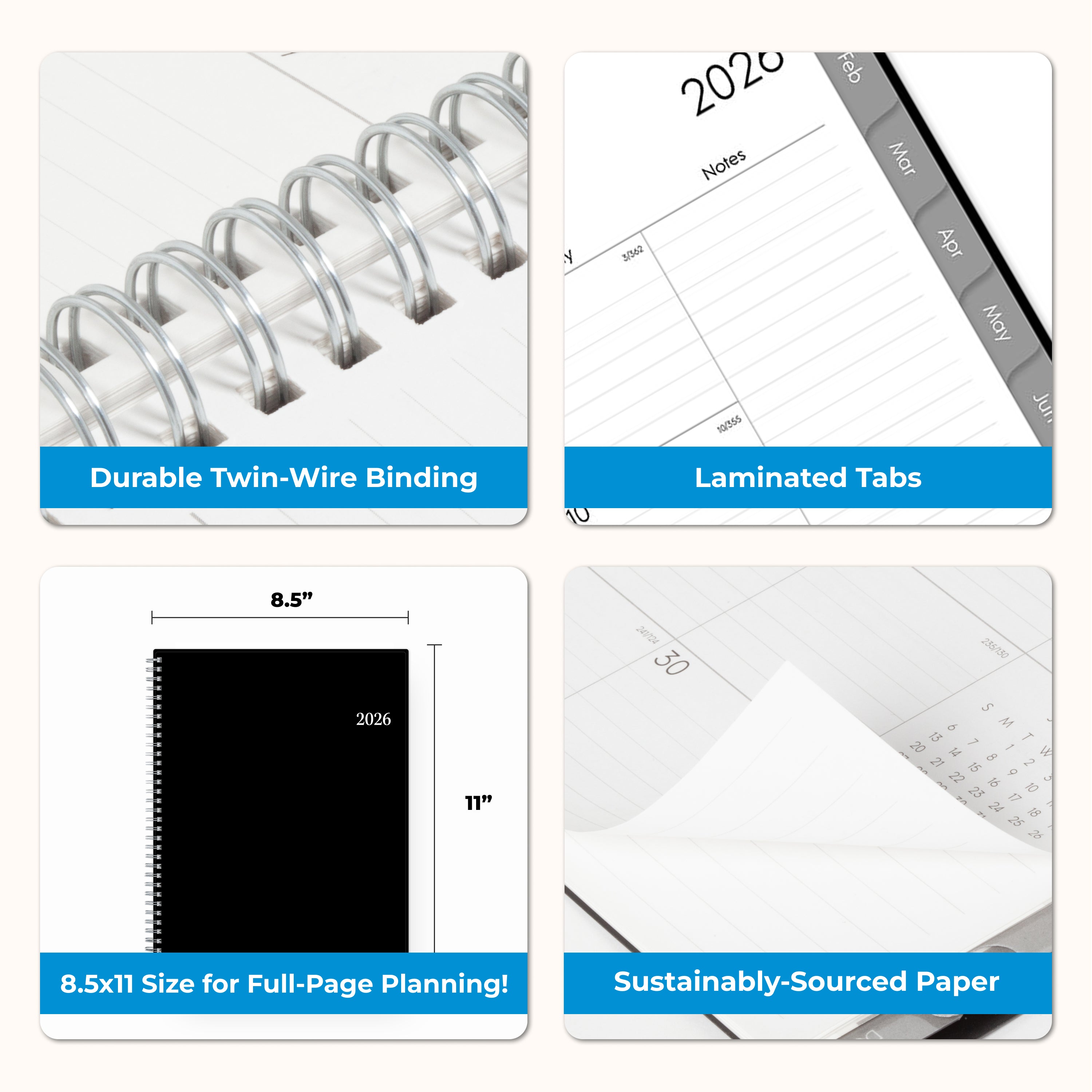 product features dual twin wire binding, laminated tabs, 5.875x8.625 size, and quality paper