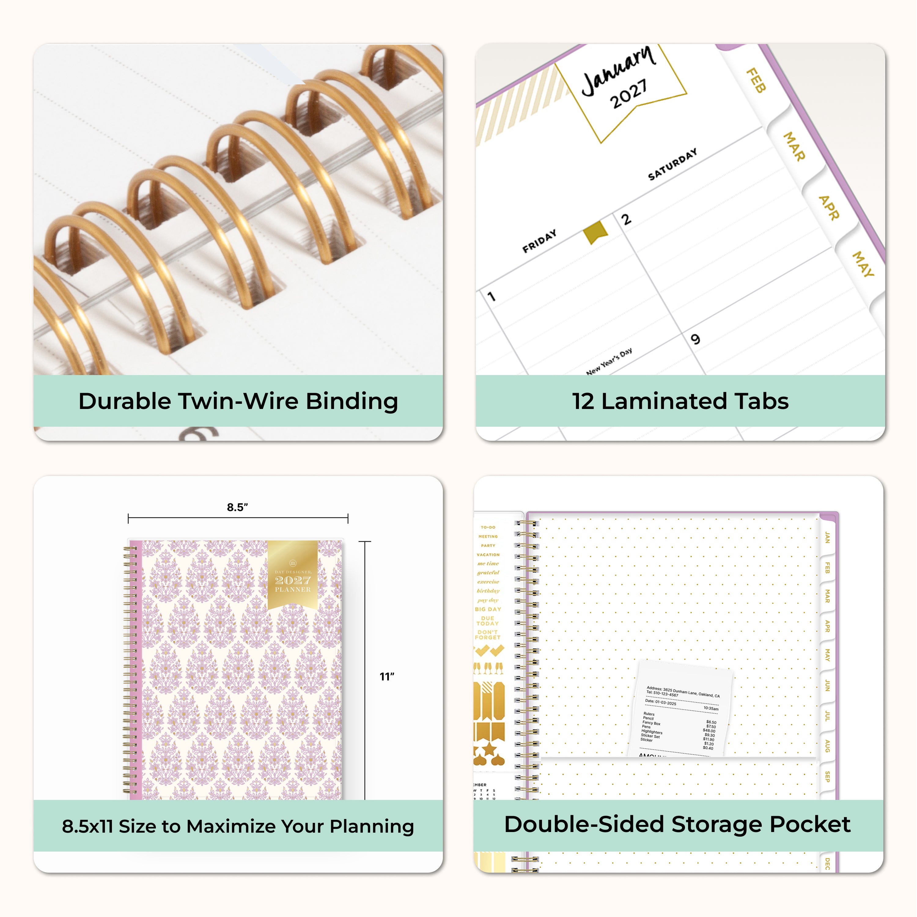 planner features twin wire o binding, monthly tabs, and optimizing planning size