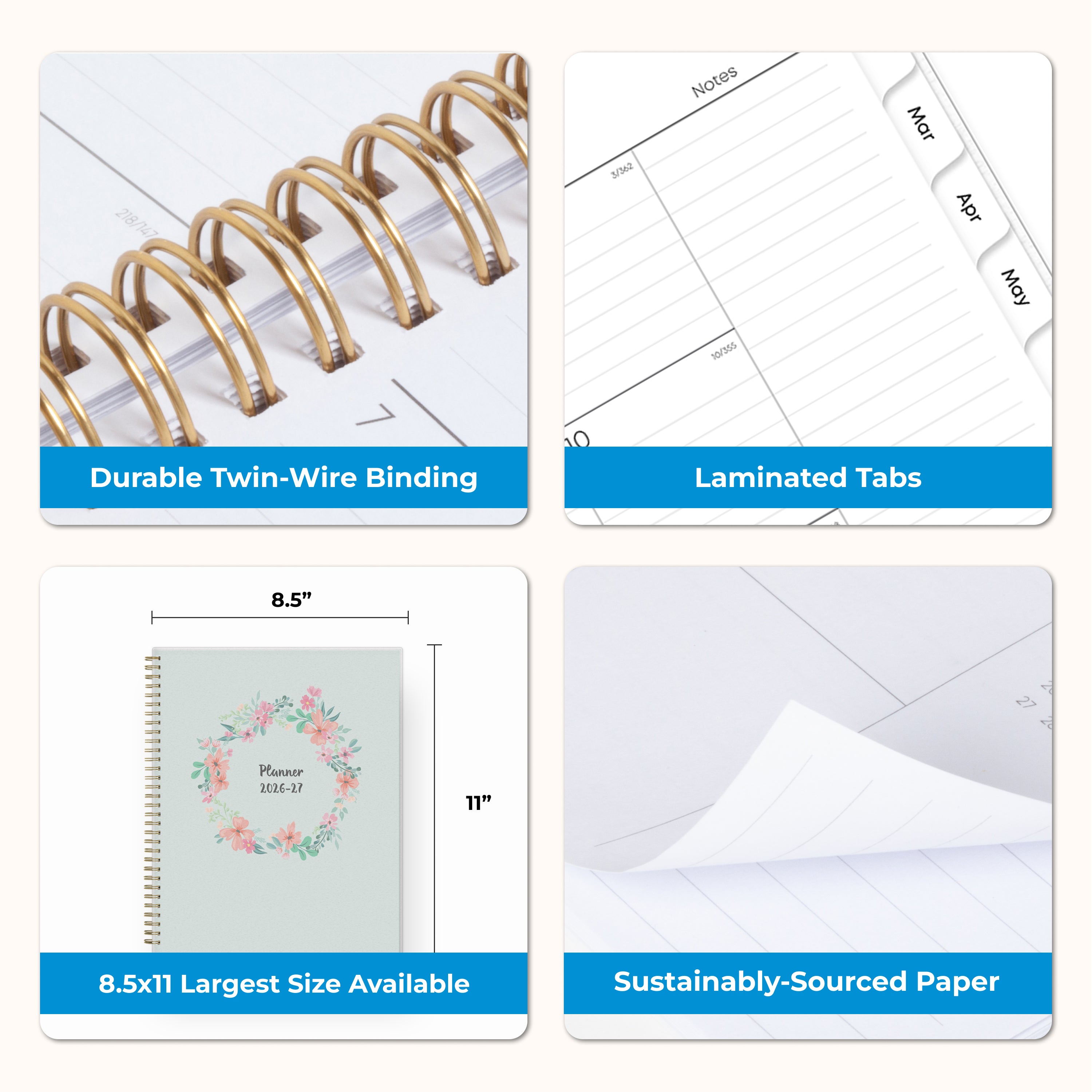 Collage of a planner with features highlighted, including durable twin-wire binding, special resources tab, and premium paper, laminated monthly tabs