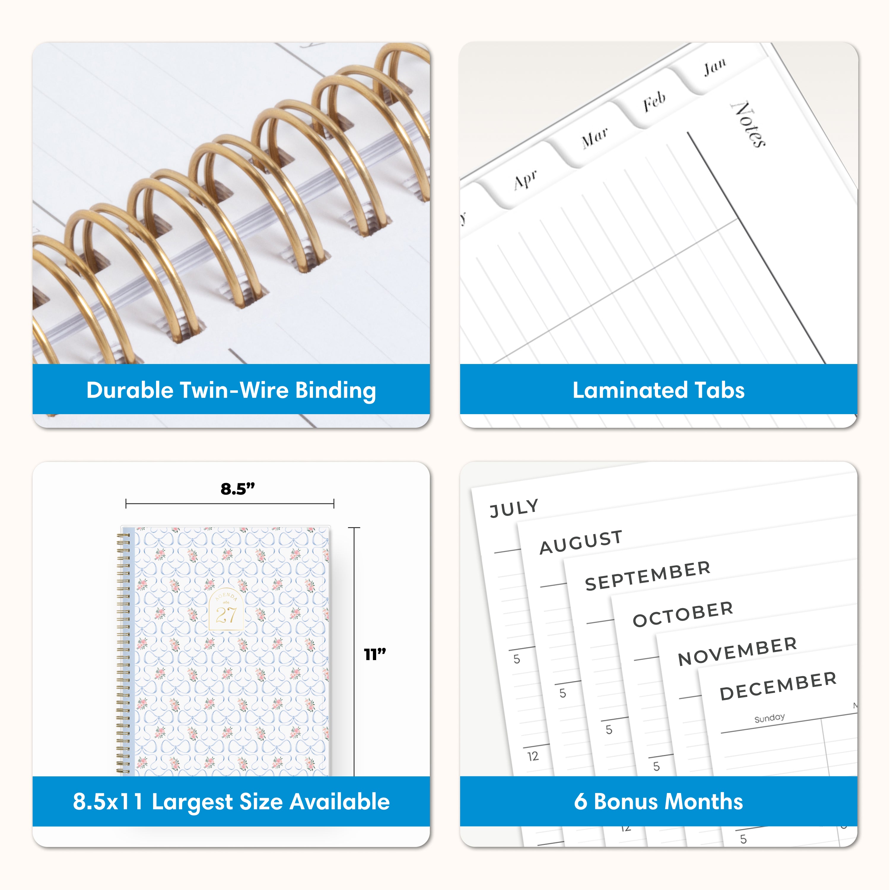planner features twin wire o binding, monthly tabs, and optimizing planning size