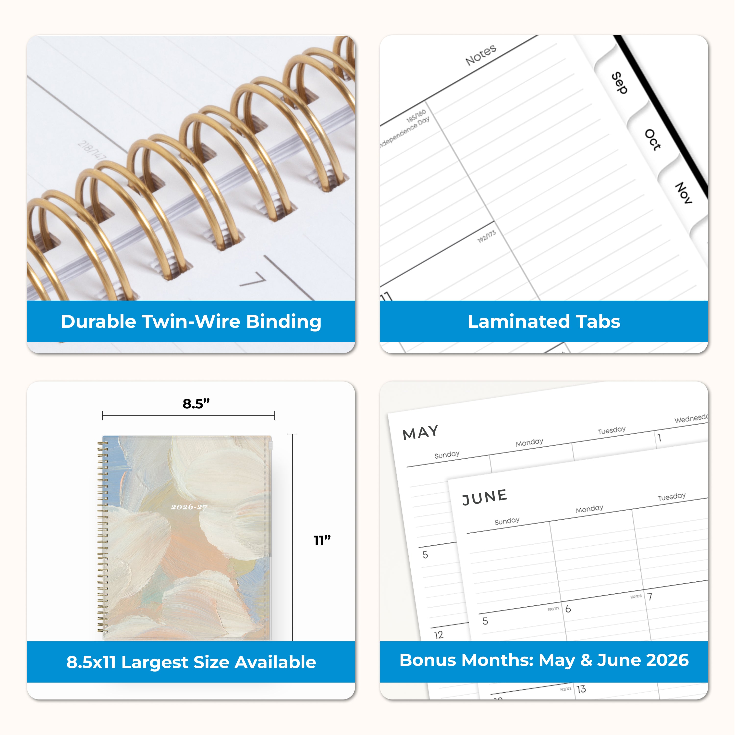 Collage of a planner with features highlighted, including durable twin-wire binding, special resources tab, and premium paper, laminated monthly tabs