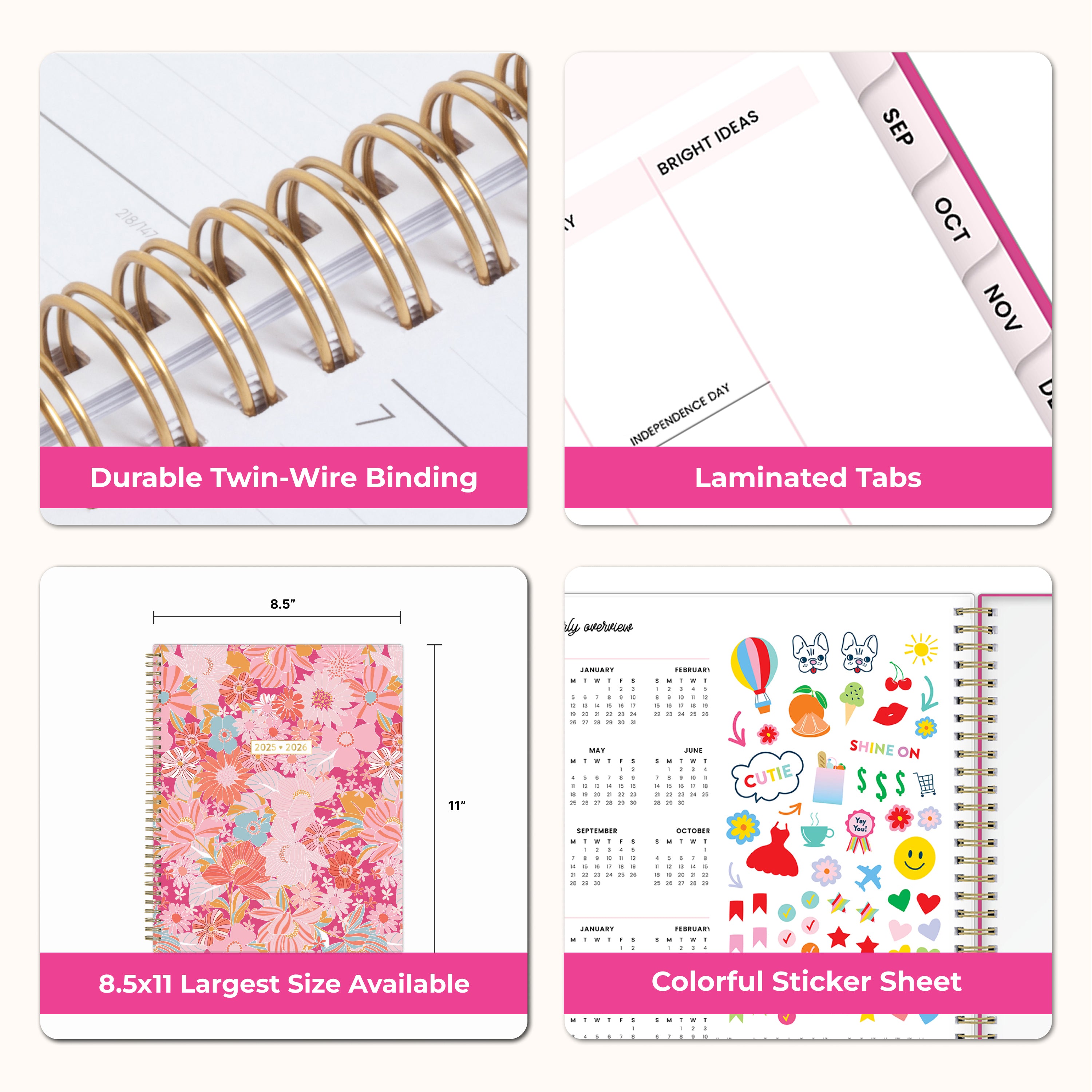 Collage of a planner with features highlighted, including durable twin-wire binding, special resources tab, sticker sheets, and premium paper.