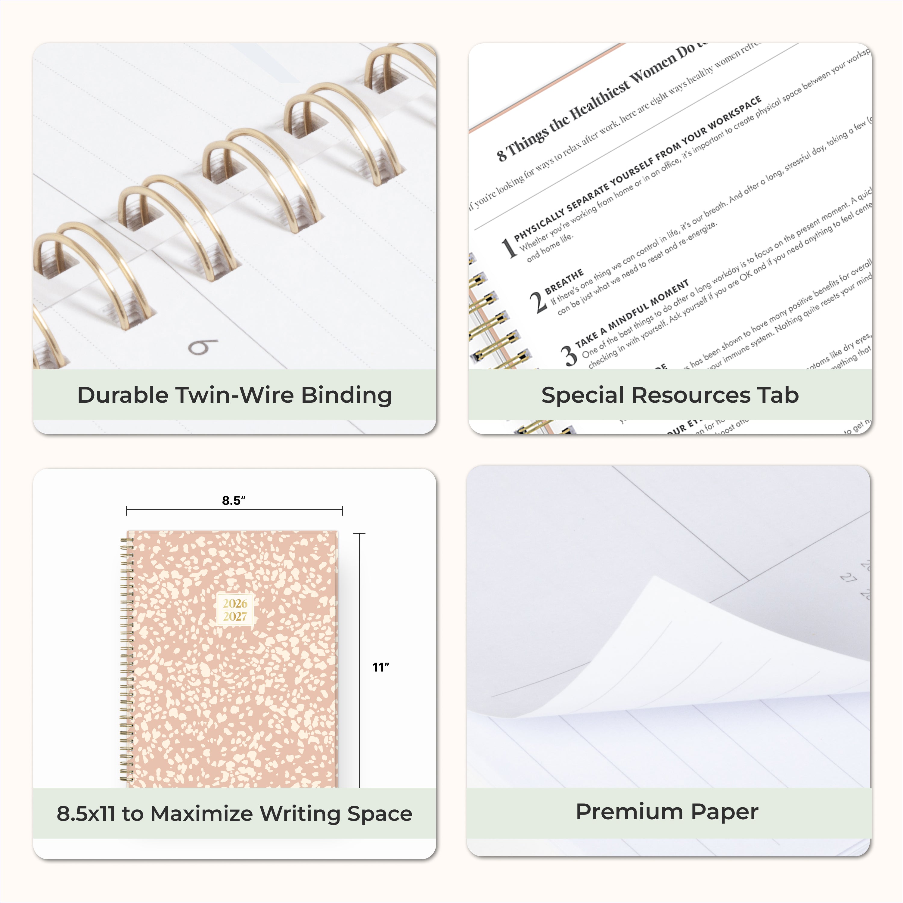Collage of a planner with features highlighted, including durable twin-wire binding, special resources tab, 5x8 size, and premium paper.