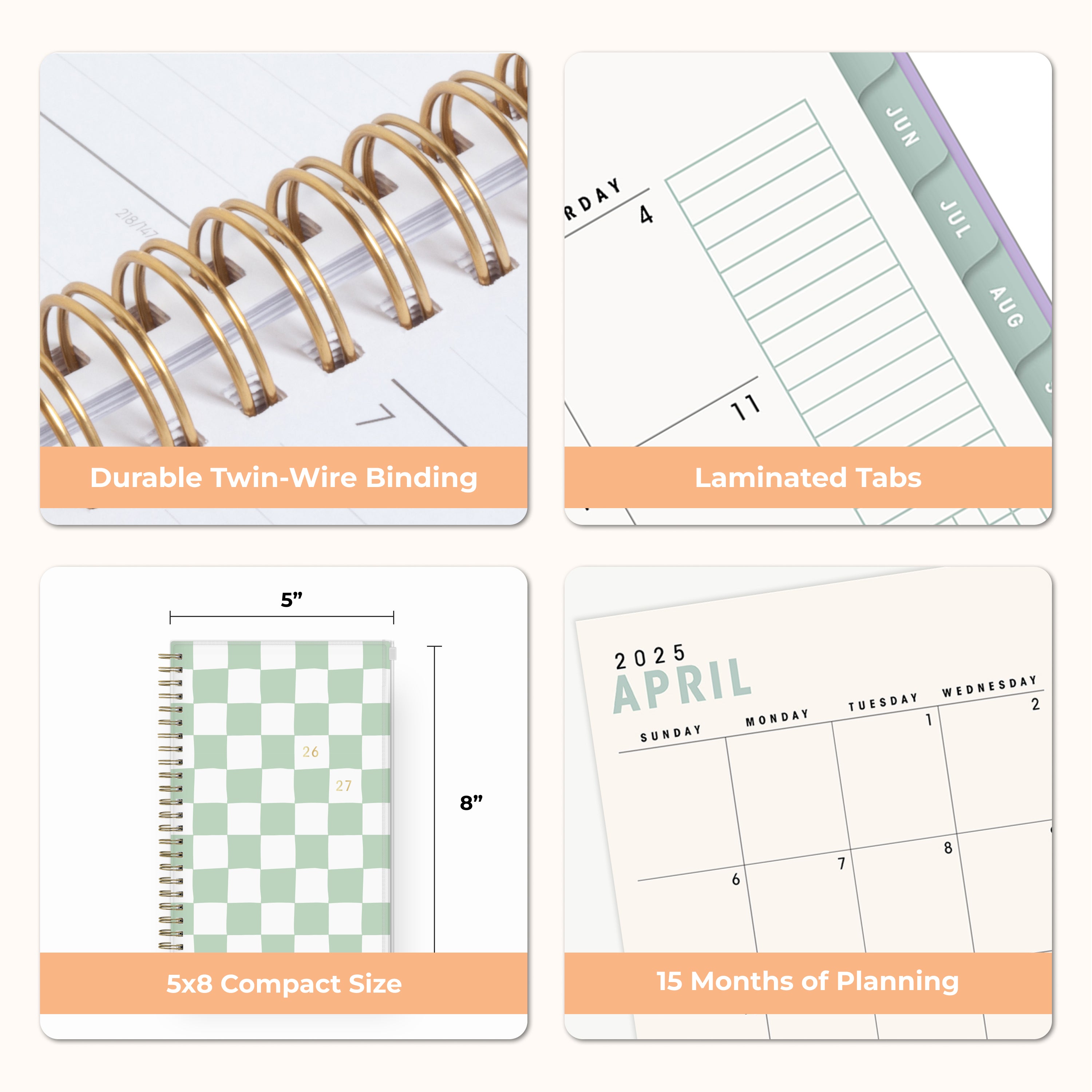 Collage of a planner with features highlighted, including durable twin-wire binding, special resources tab, and premium paper, laminated monthly tabs