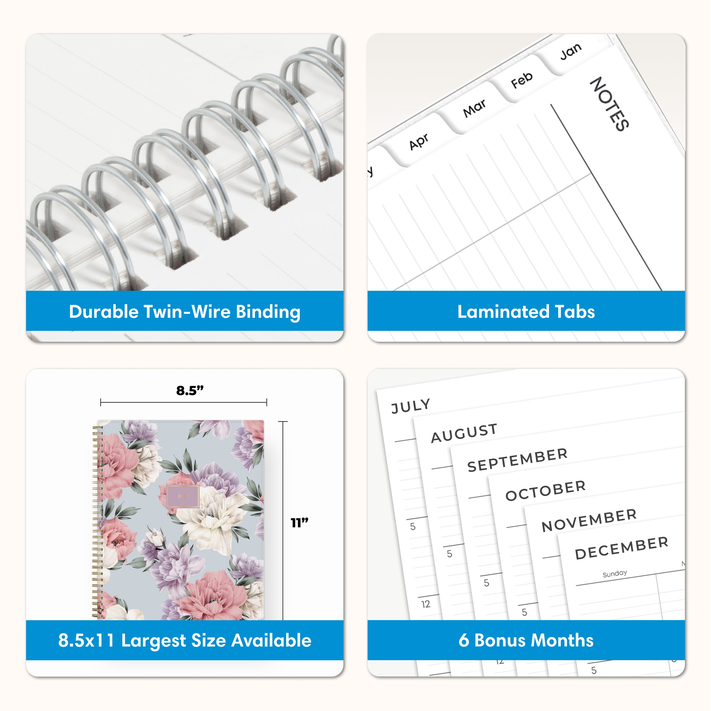 planner features twin wire o binding, monthly tabs, and optimizing planning size