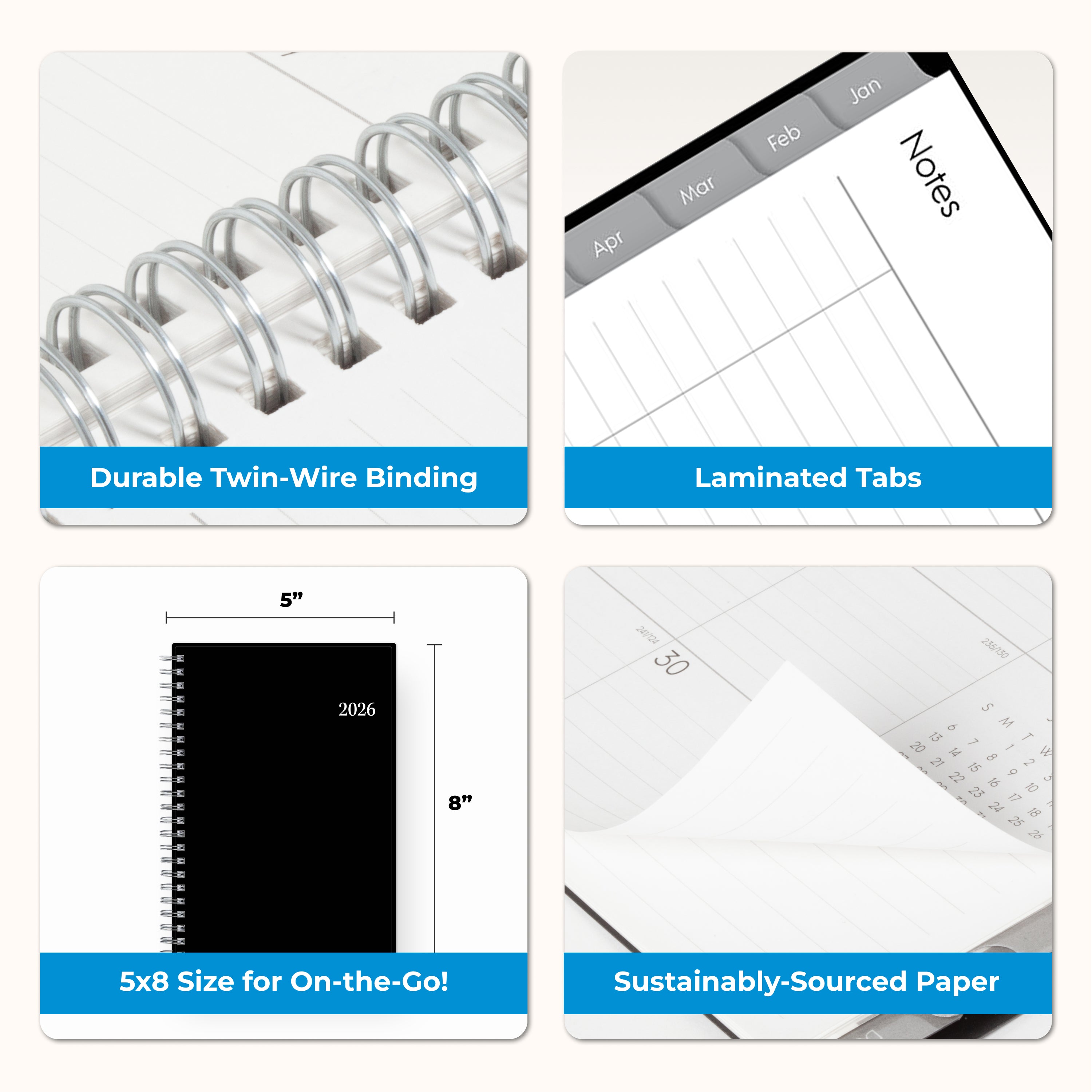 product features dual twin wire binding, laminated tabs, 5.875x8.625 size, and quality paper