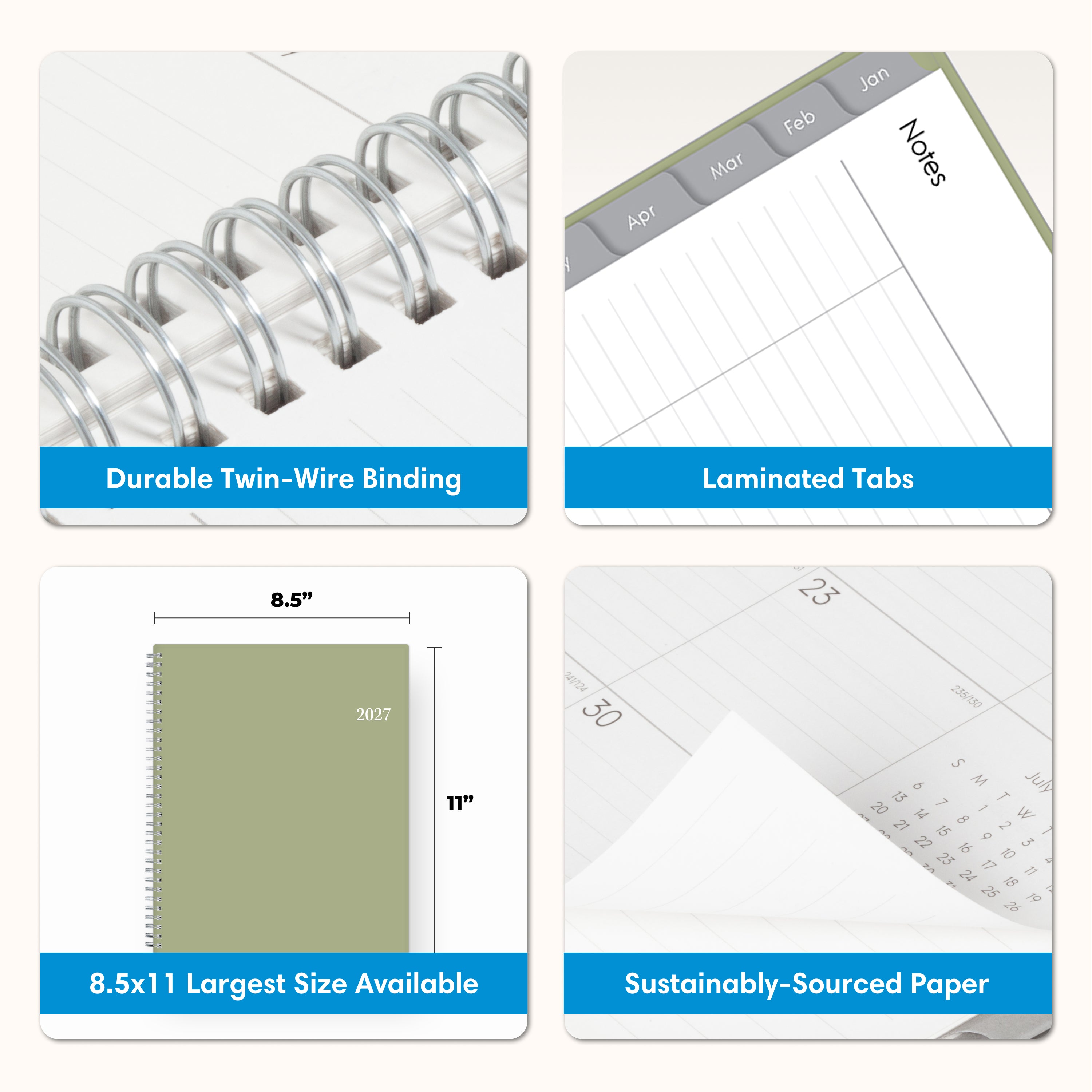 product features dual twin wire binding, laminated tabs, 8.5x11 size, and quality paper