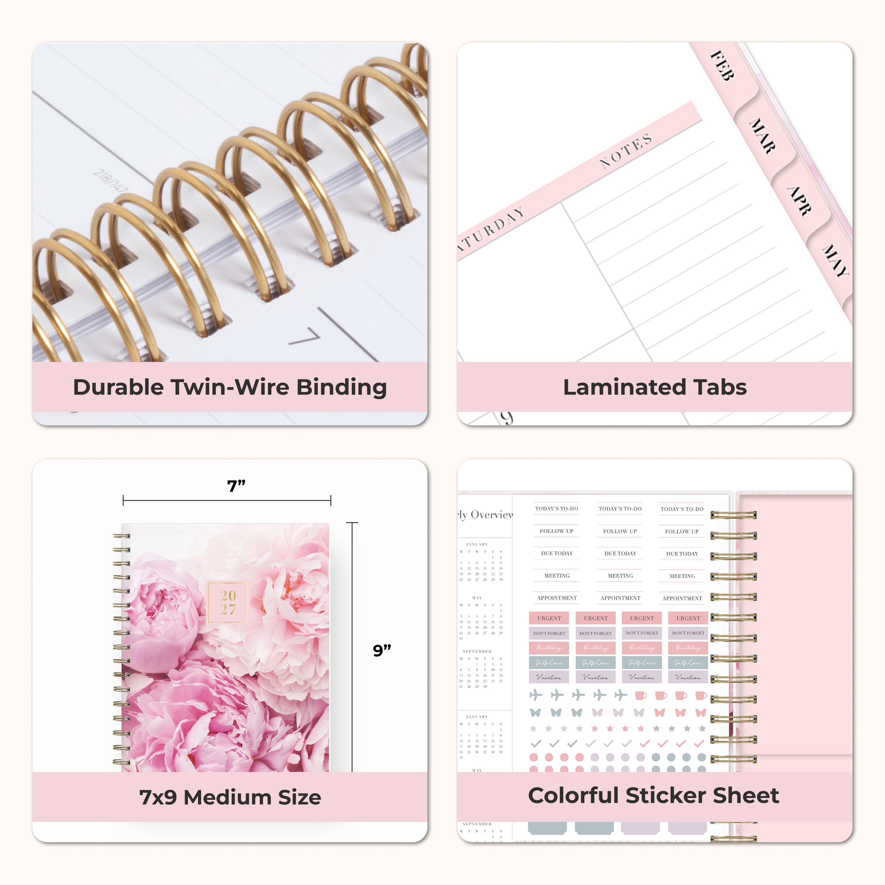 planner features twin wire o binding, monthly tabs, and optimizing planning size