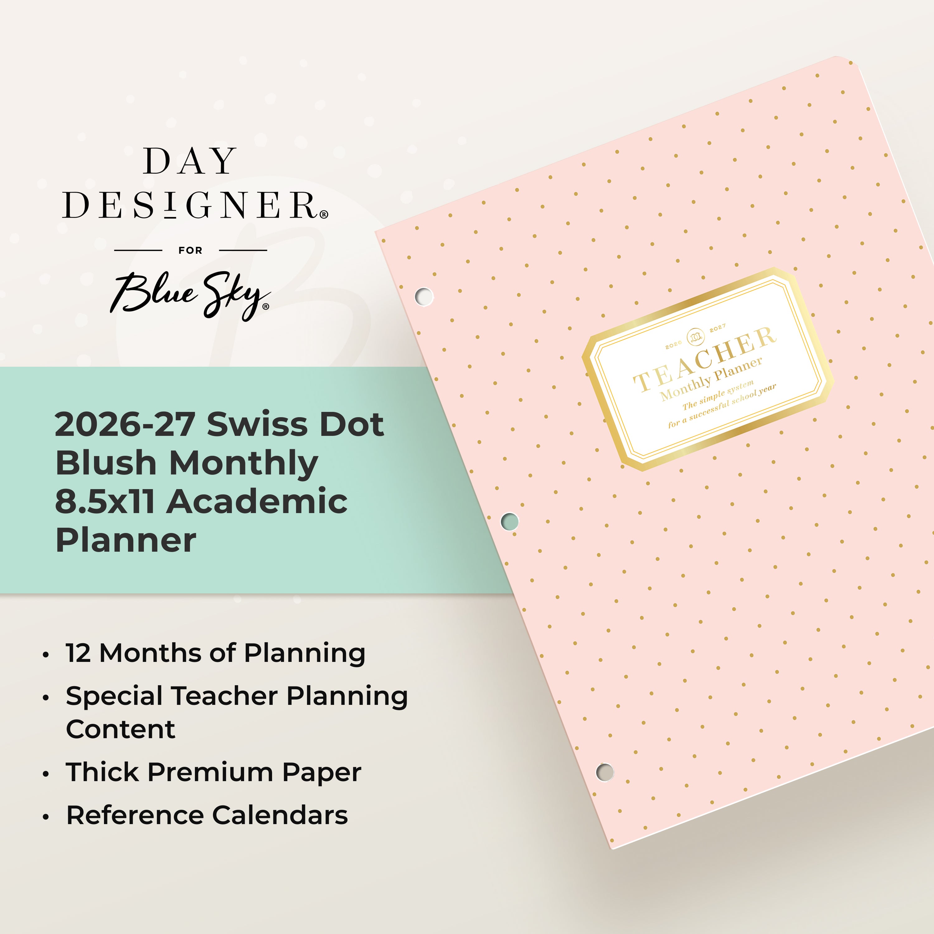 this july 2026 - june 2027 planner features a monthly spread with ample writing space for each day, monthly reference calendar, sections for note taking, bullet points, and check lists.