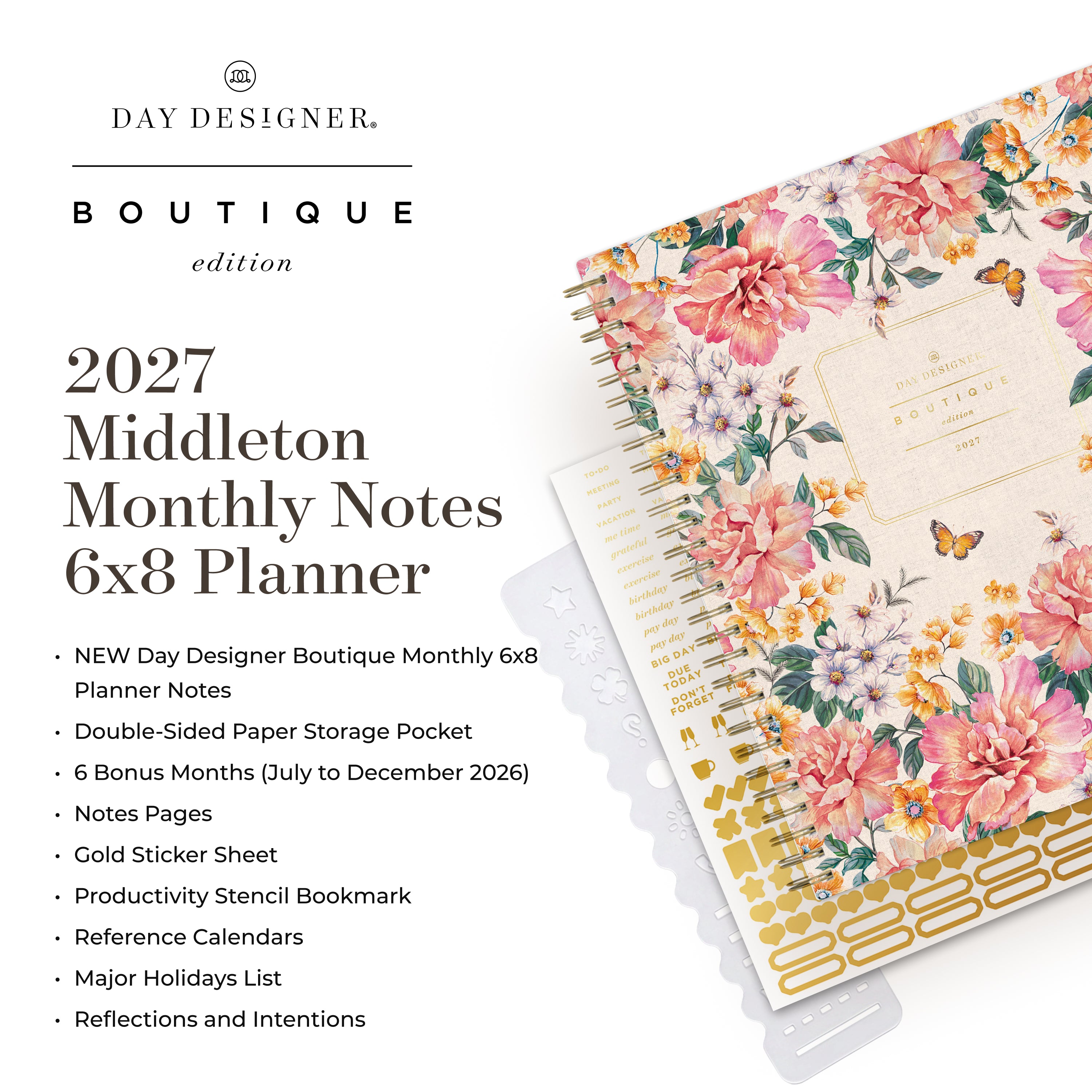 planner featuring bonus content like yearly overview, important dates, holidays, states and capitals