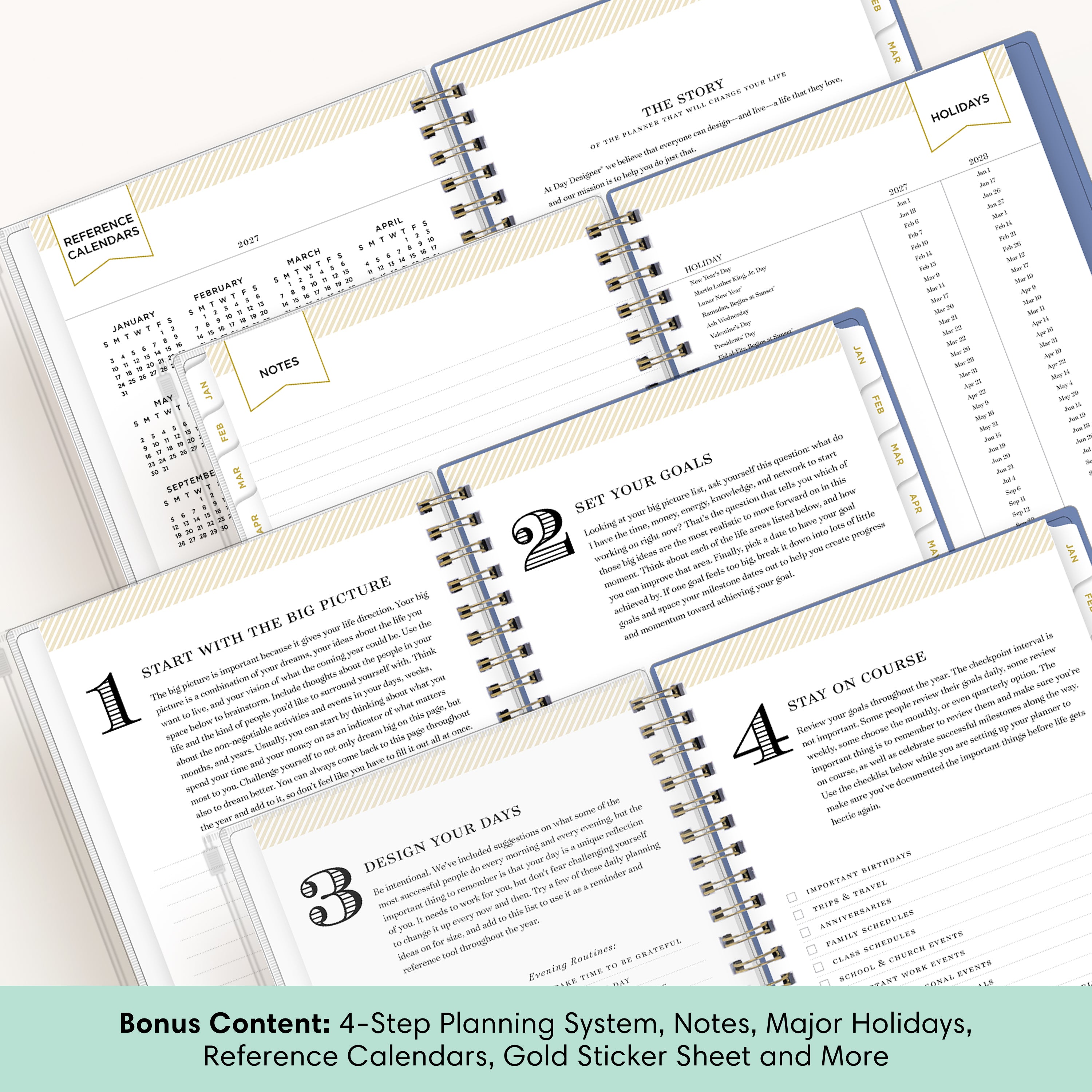 planner featuring bonus content like yearly overview, important dates, holidays, states and capitals