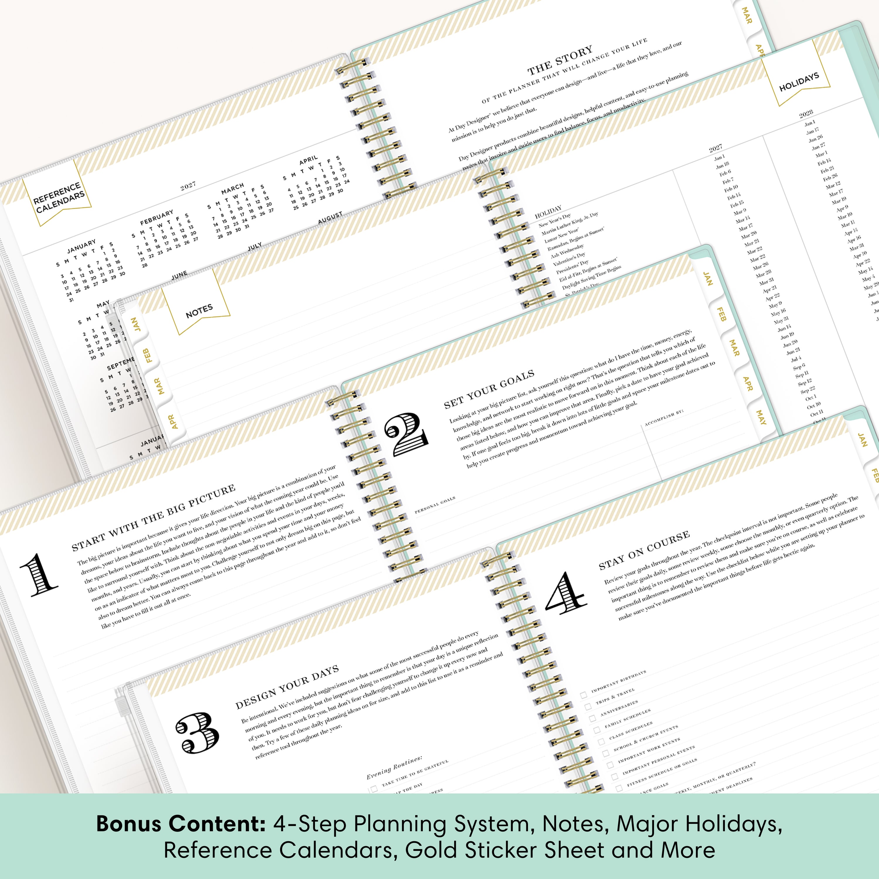 planner featuring bonus content like yearly overview, important dates, holidays, states and capitals