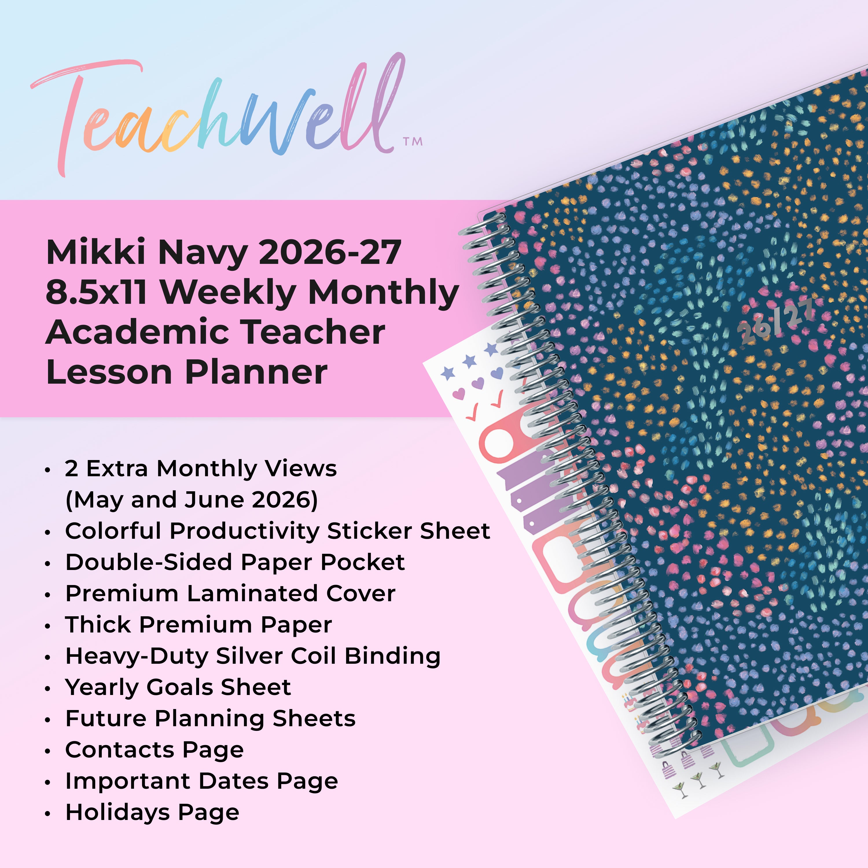 the academic planner features lots of content pages in addition to your monthly and weekly pages, yearly goals, contacts page