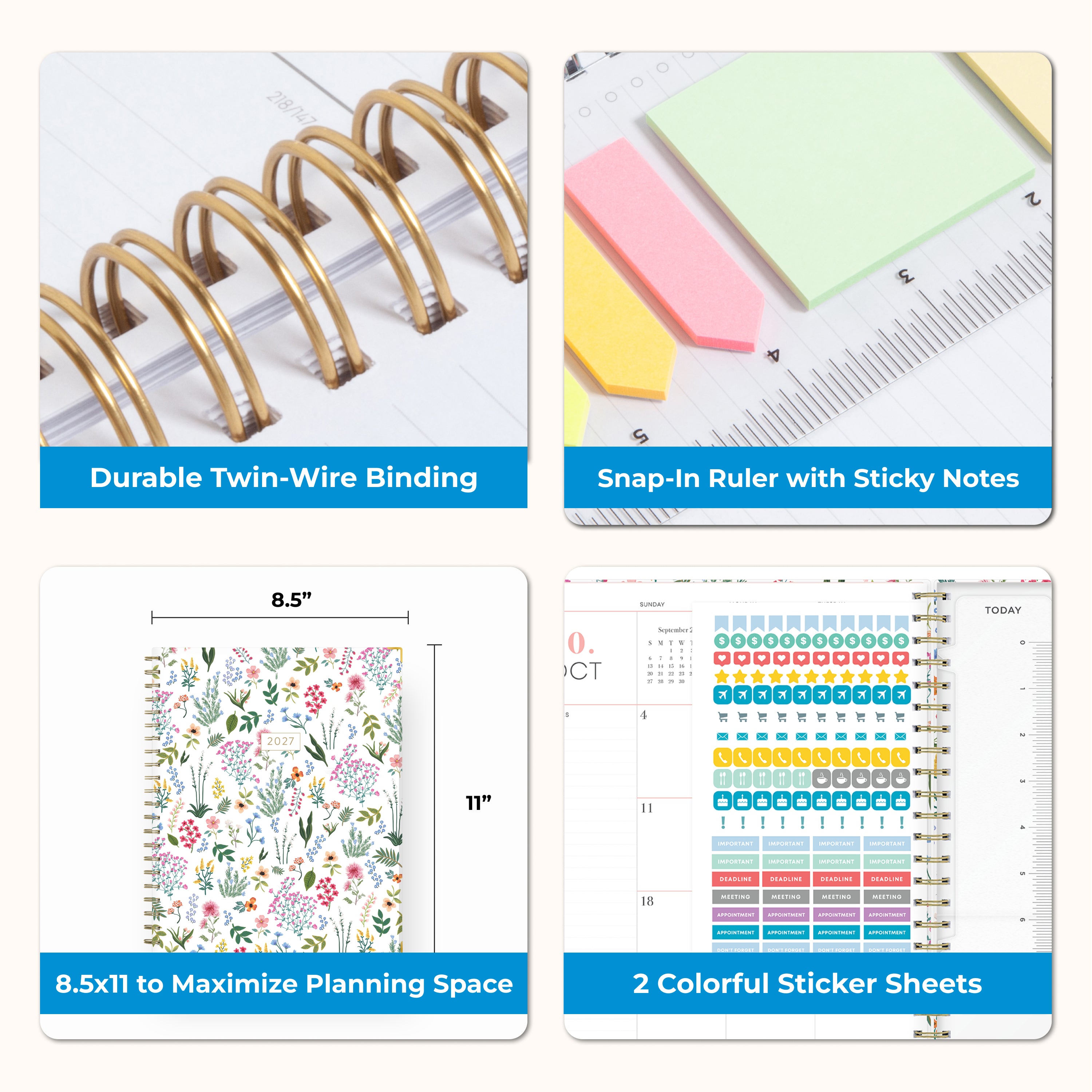 planner features twin wire o binding, monthly tabs, and optimizing planning size