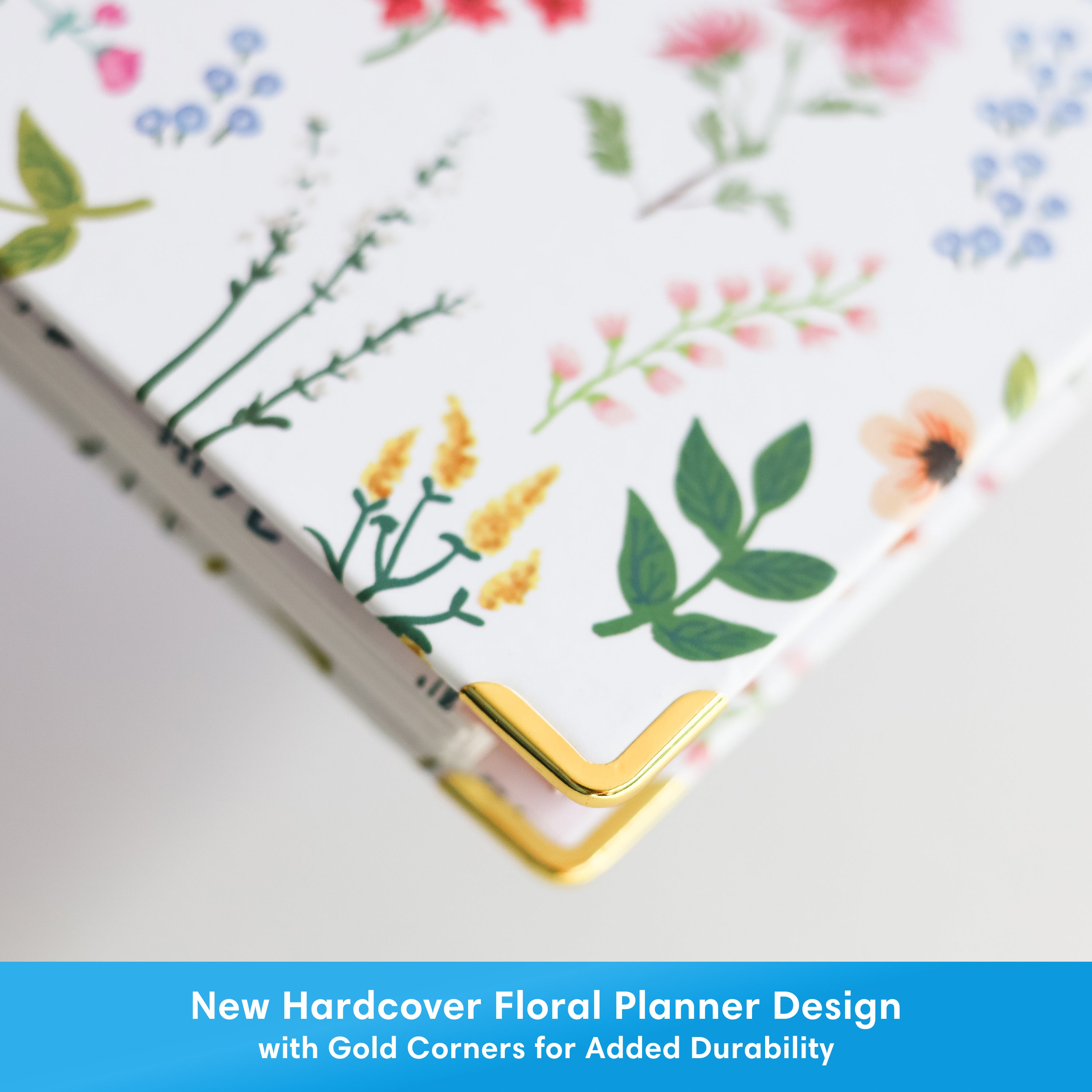 high definition photo of the planner printed with a solid, hard cover with gold corners.
