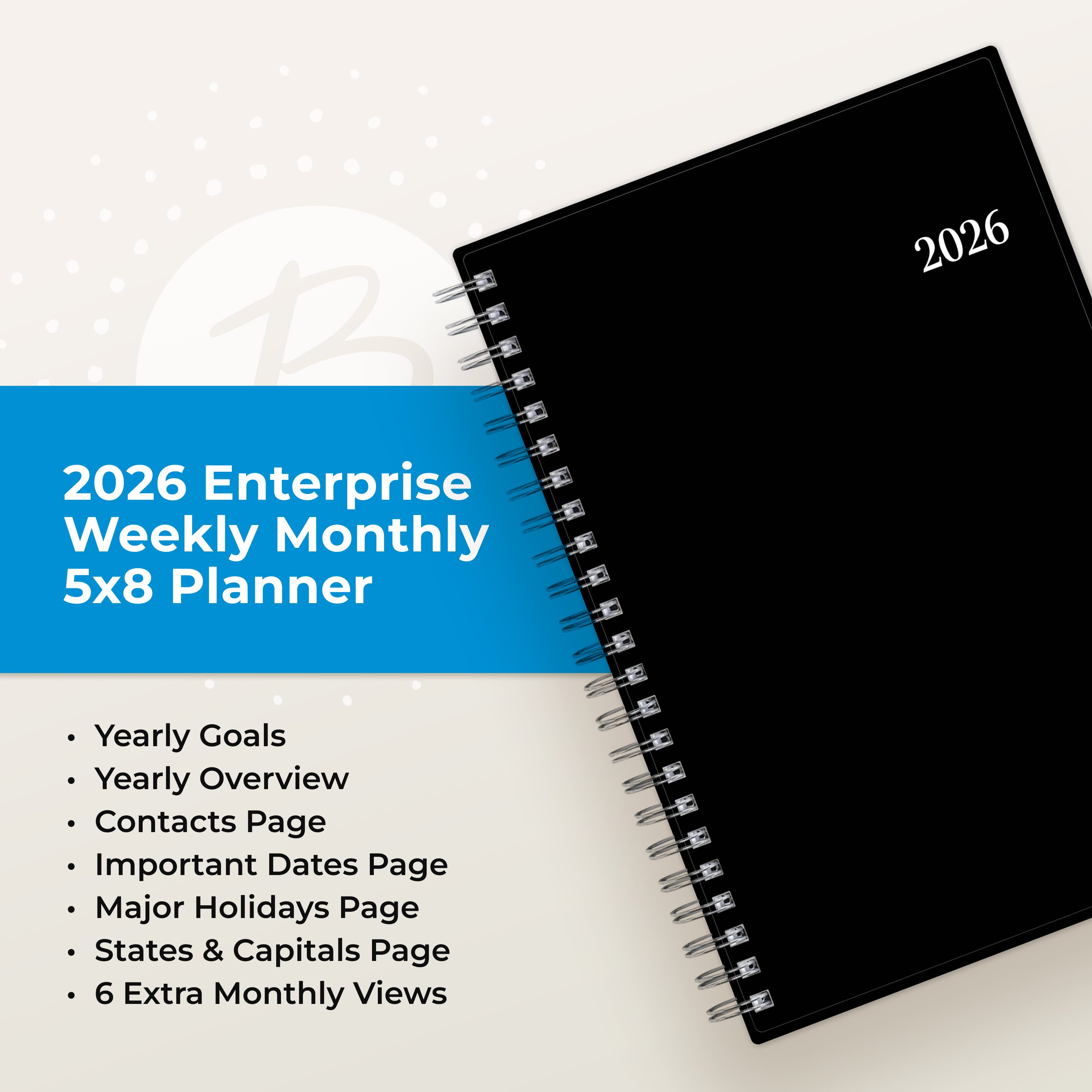 feature callout for this 2026 planner includes notes pages, goals, overview, dates page, holidays.