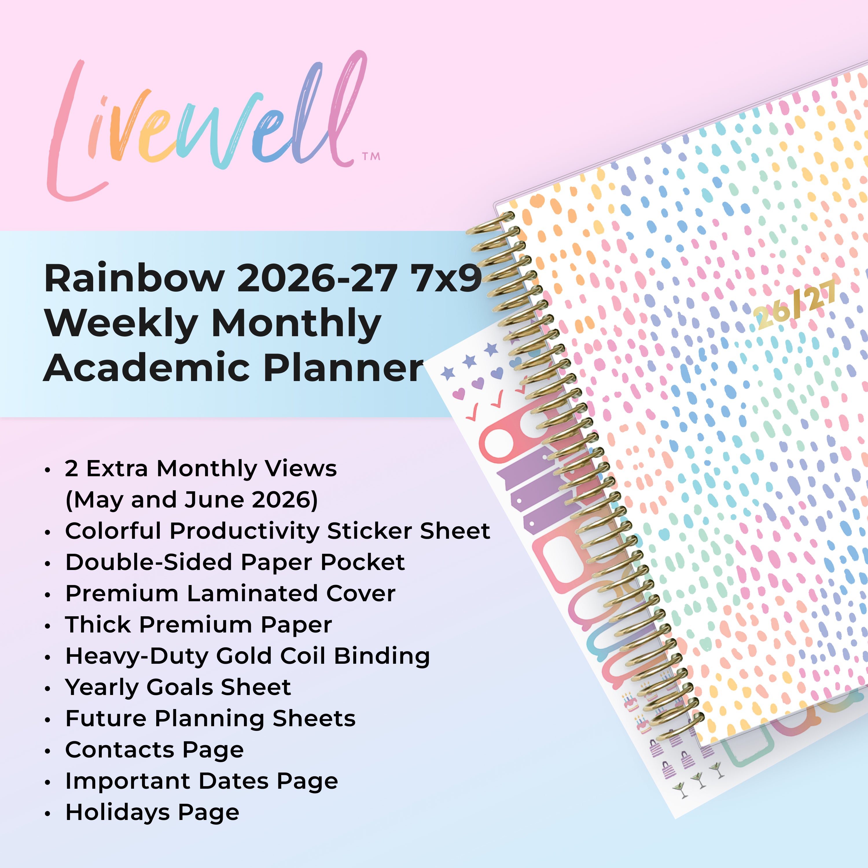 the academic planner features lots of content pages in addition to your monthly and weekly pages, yearly goals, contacts page, sticker sheet