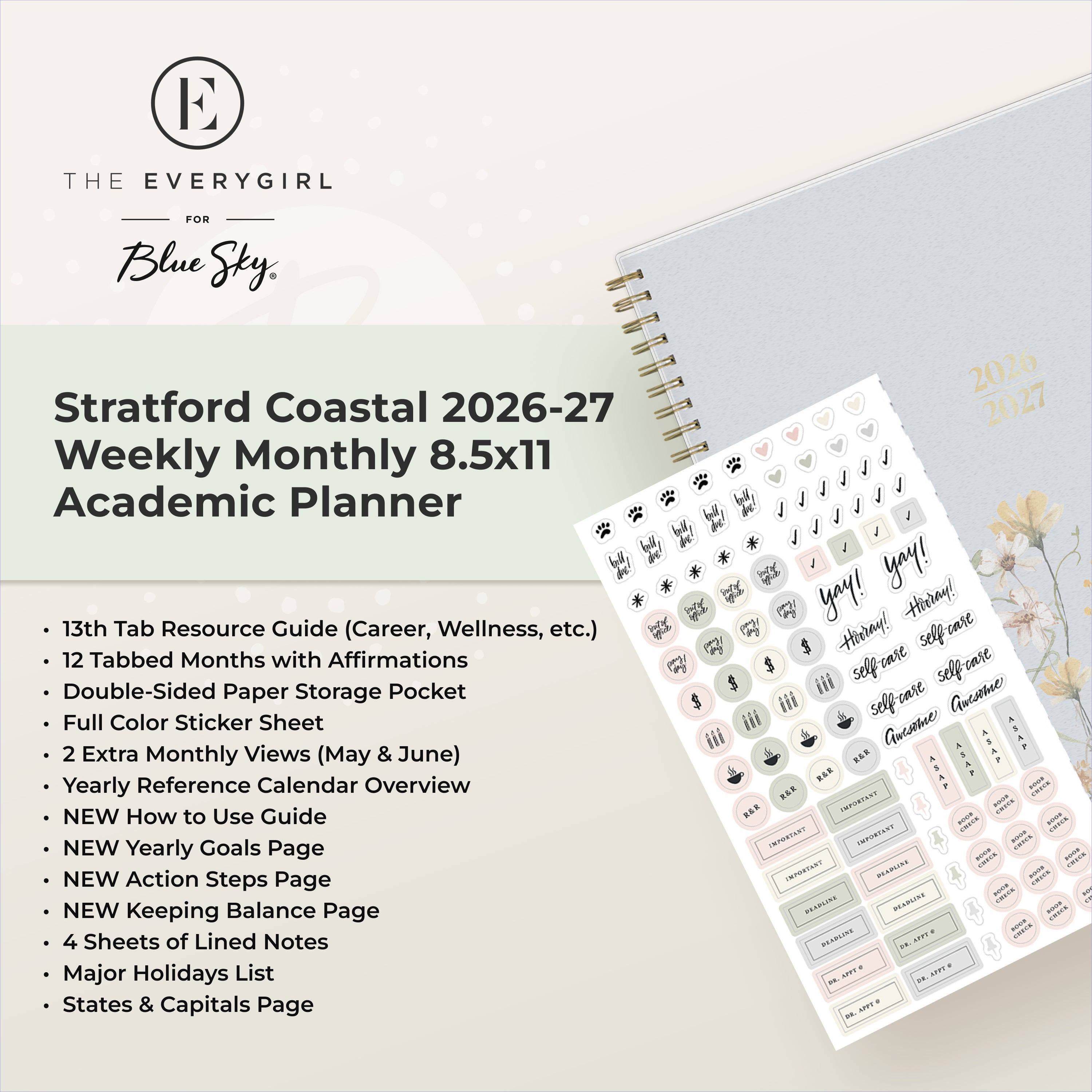 the academic planner features lots of content pages in addition to your monthly and weekly pages, yearly goals, contacts page, sticker sheet