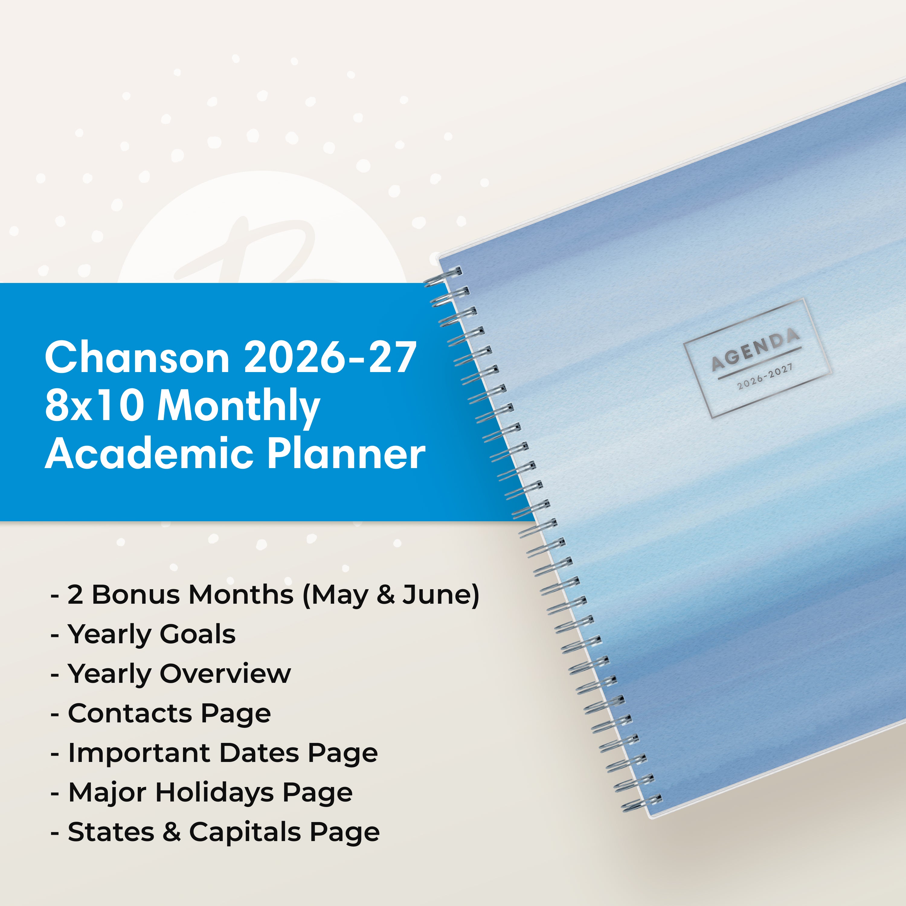 the academic planner features lots of content pages in addition to your monthly pages, yearly goals, contacts page