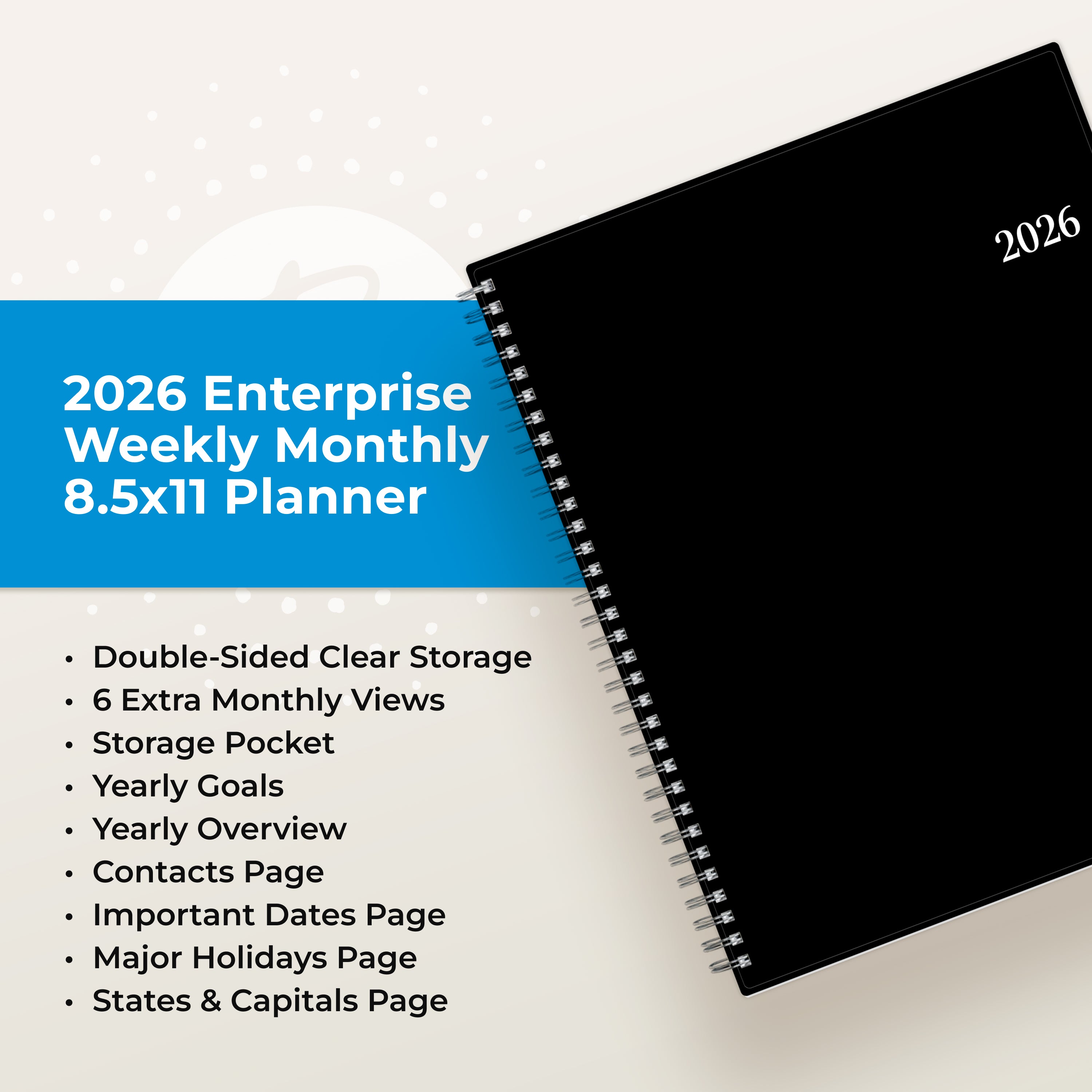 feature callout for this 2026 planner includes notes pages, goals, overview, dates page, holidays.