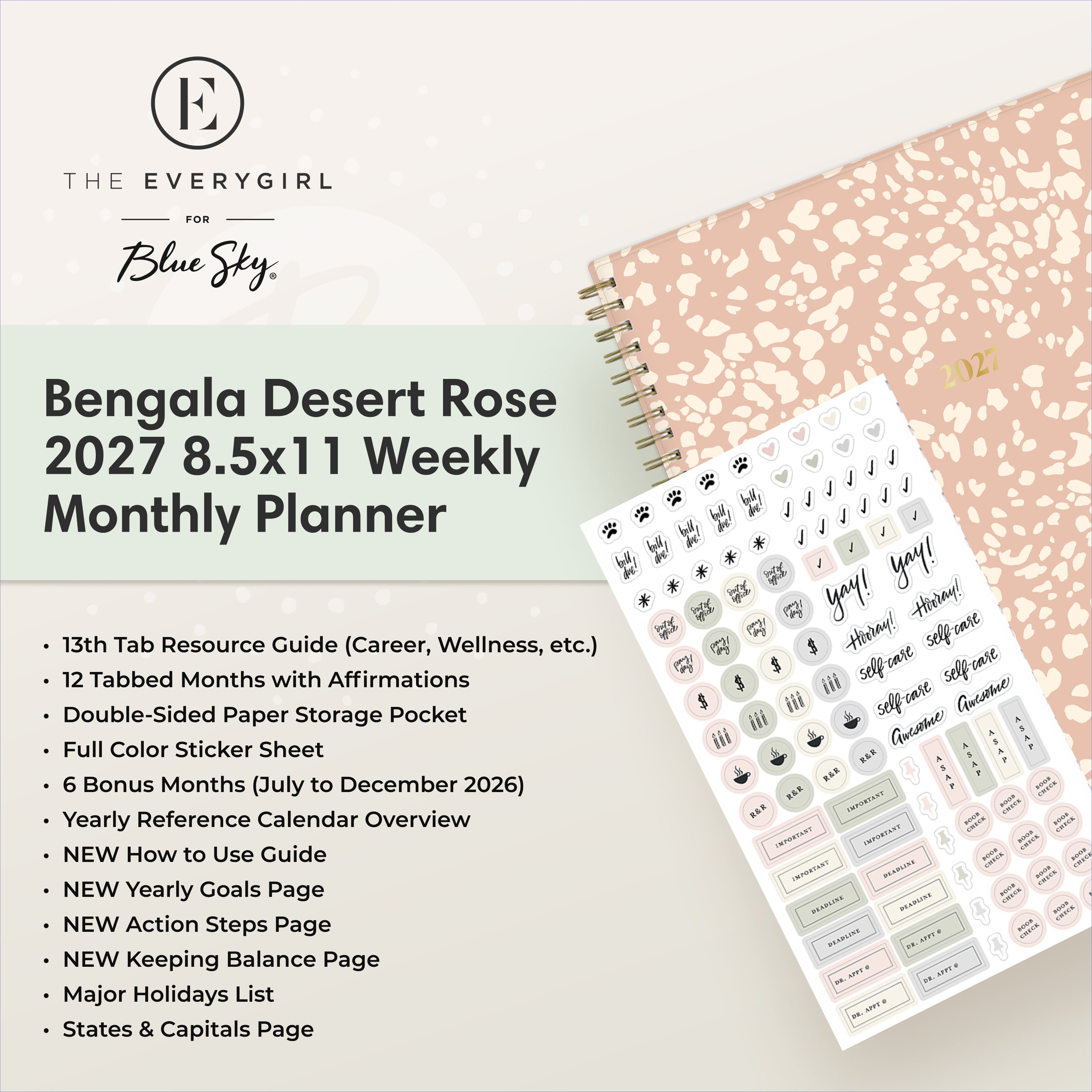planner featuring bonus content like yearly overview, important dates, holidays, states and capitals