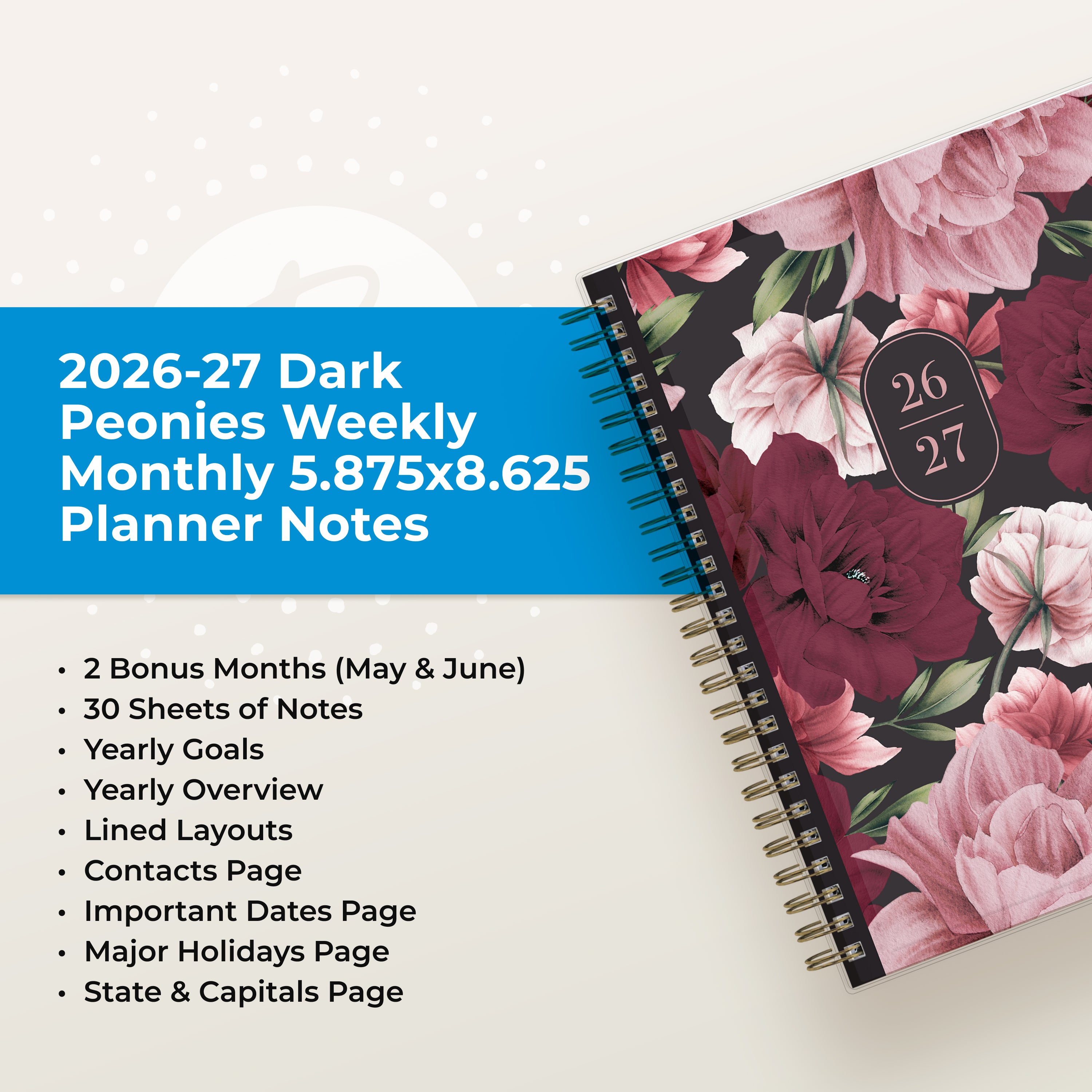 floral pattern featuring a list of features like pages, yearly goals, contacts, etc.