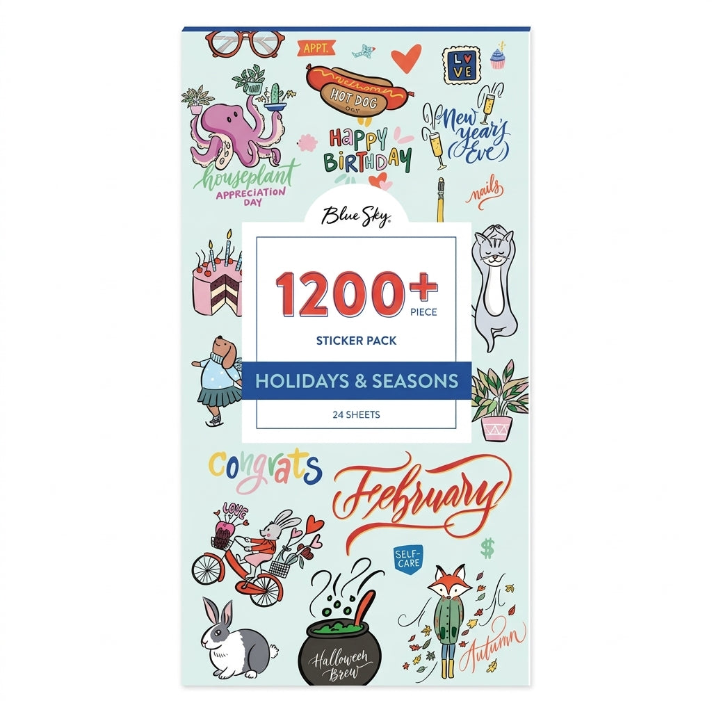 A person holds several sheets of colorful stickers, with a sticker pack titled "1200+ Holidays & Seasons" nearby. A cup of coffee and scissors are on the table.