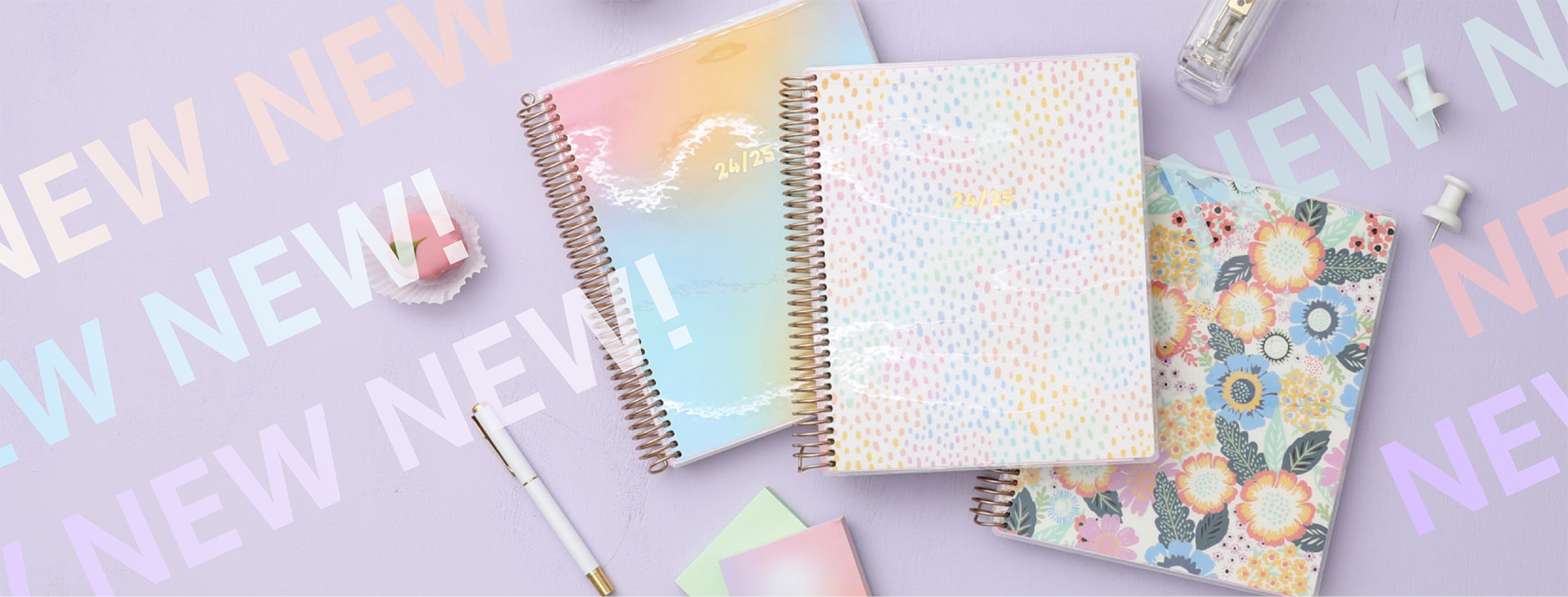 A set of three wirebound LiveWell planners, adorned with beautiful floral and gradient patterns, adding a touch of elegance to your desk.