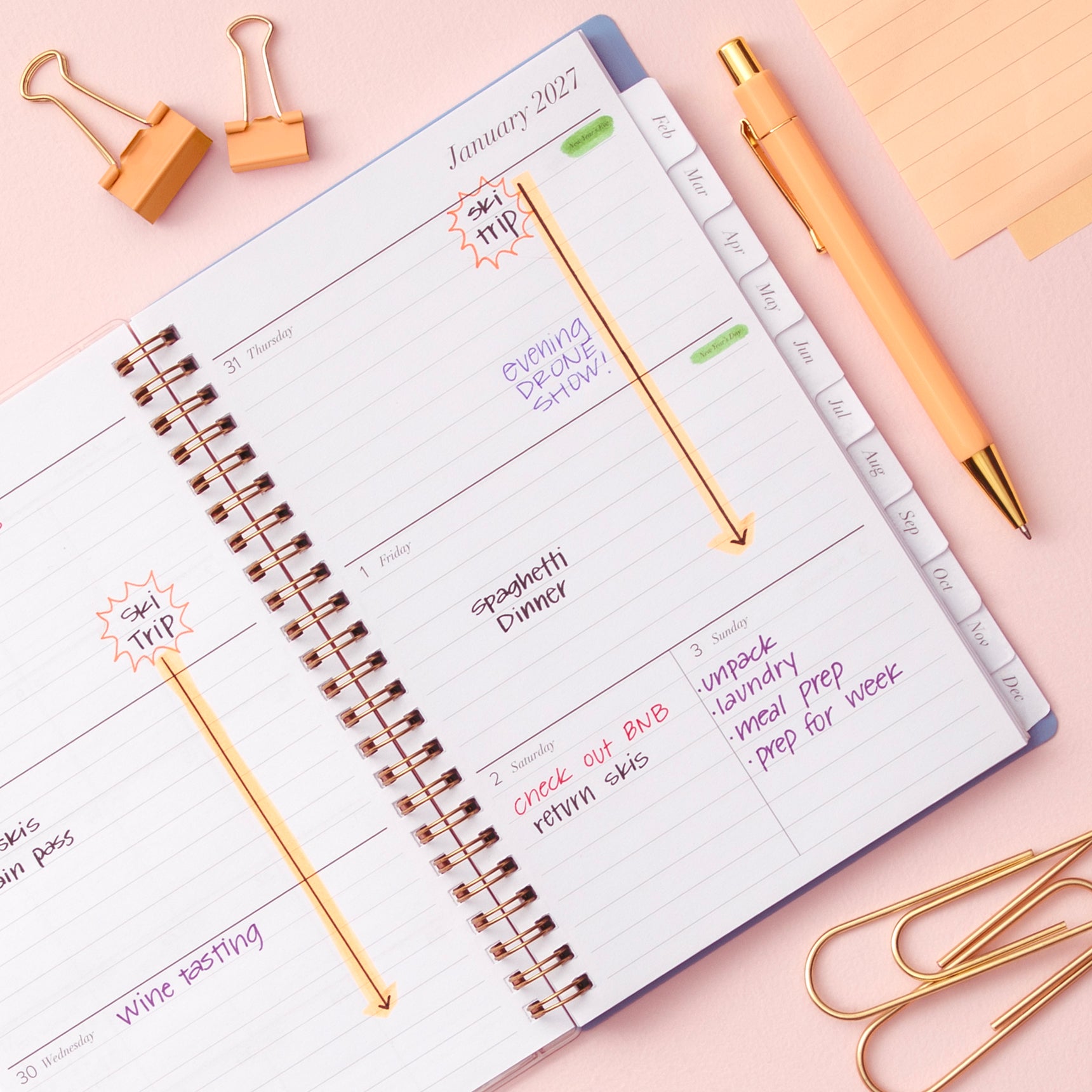 2027 weekly spread features ample lined writing space for to do lists, notes section, reference calendars, bullet points, and monthly tabs
