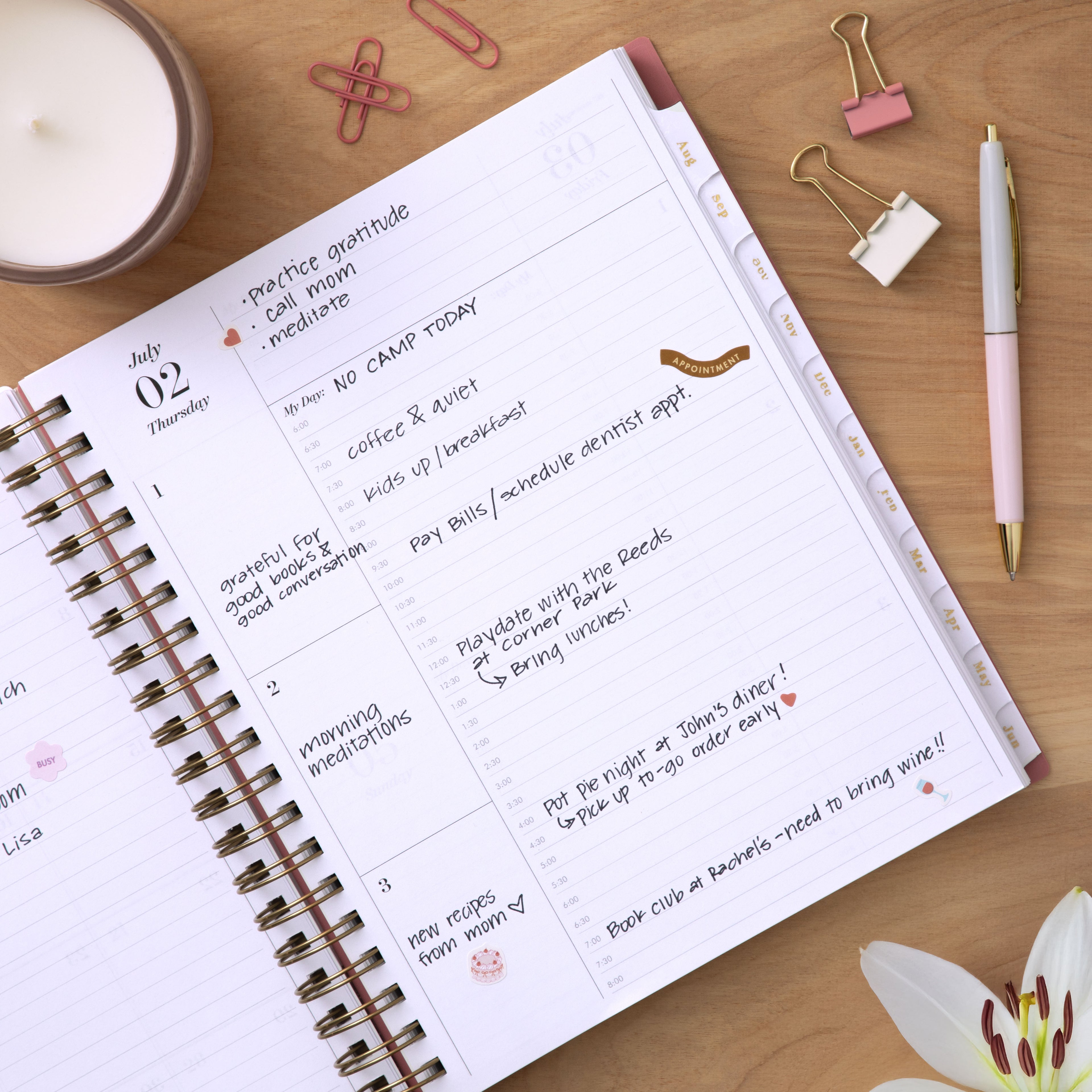 weekly open spread for this sincerely jules x blue sky planner featuring ample lined writing space, time slots