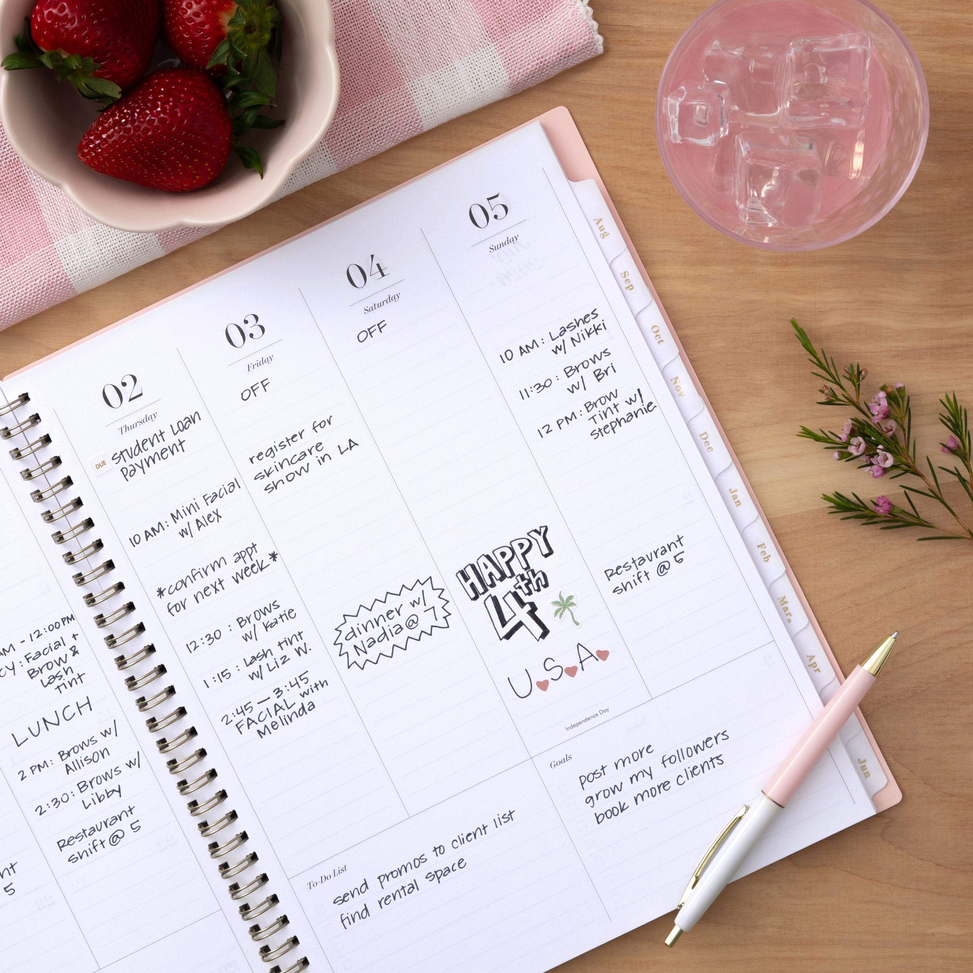 weekly open spread for this sincerely jules x blue sky planner featuring ample lined writing space on a vertical day to day layout