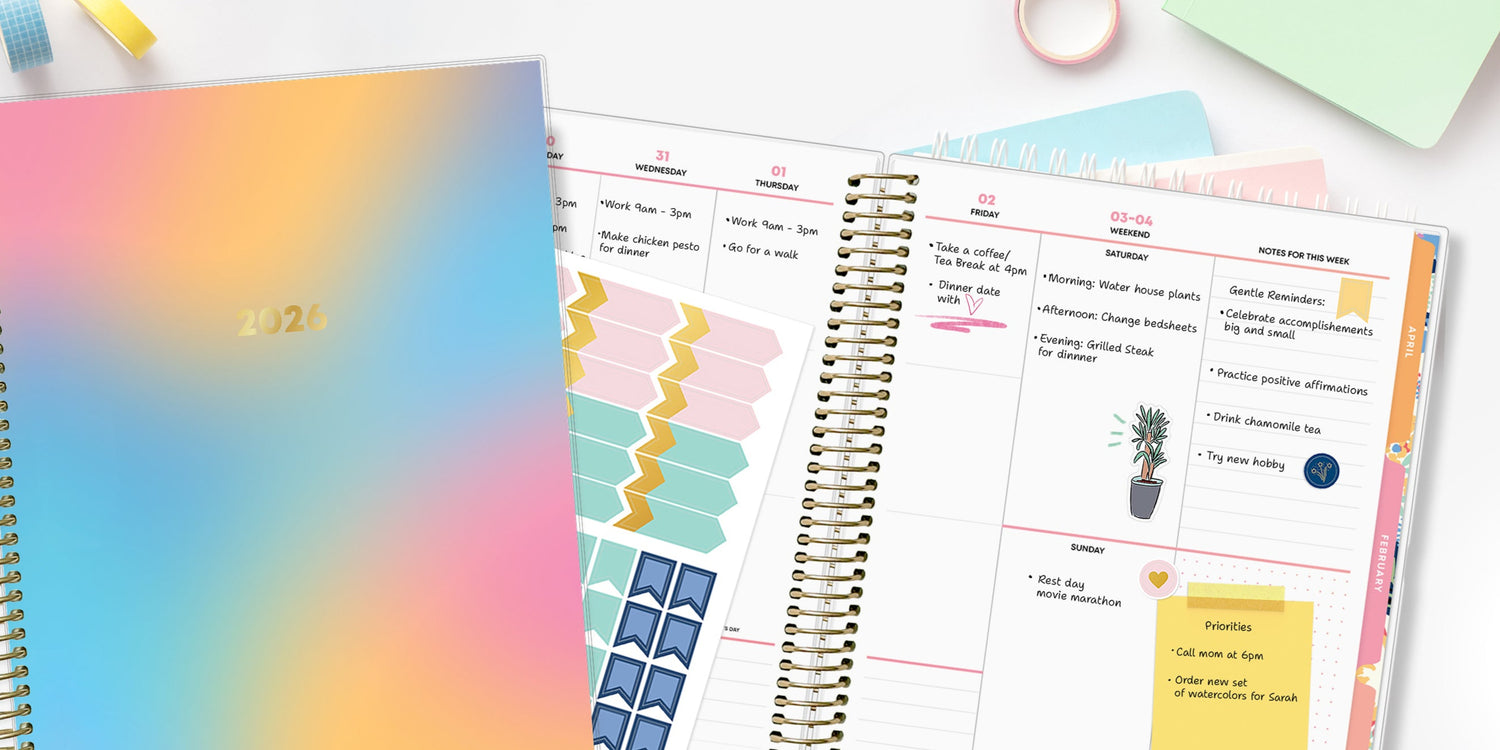 Livewell planner interior with daily entries and rainbow gradient 2026 cover