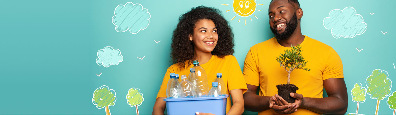 A man and woman holding plastic bottles and plants, promoting sustainability and eco-friendly practices.