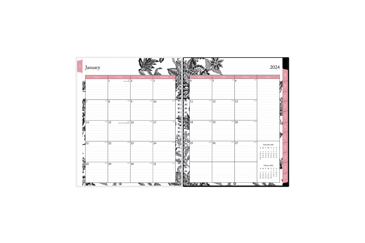 January 2024 - December 2024 weekly monthly planner featuring a monthly spread boxes for each day, lined writing space, notes section, reference calendars, and pink monthly tabs with white text in 8.5x11 size