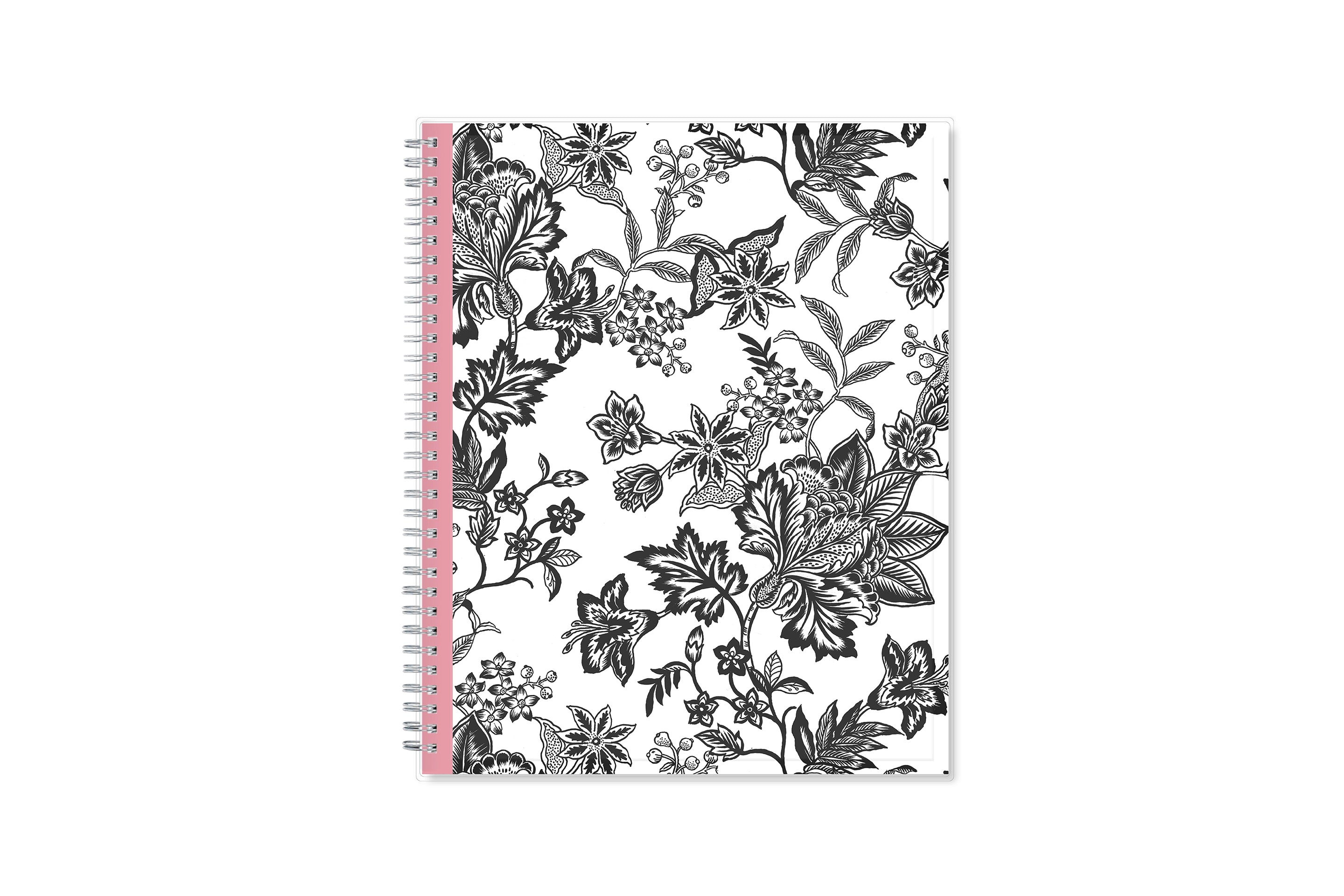 2025 weekly and monthly planner from Blue Sky featuring a floral pattern in black and white with twin silver wire-o binding and compact 8.5x11 size