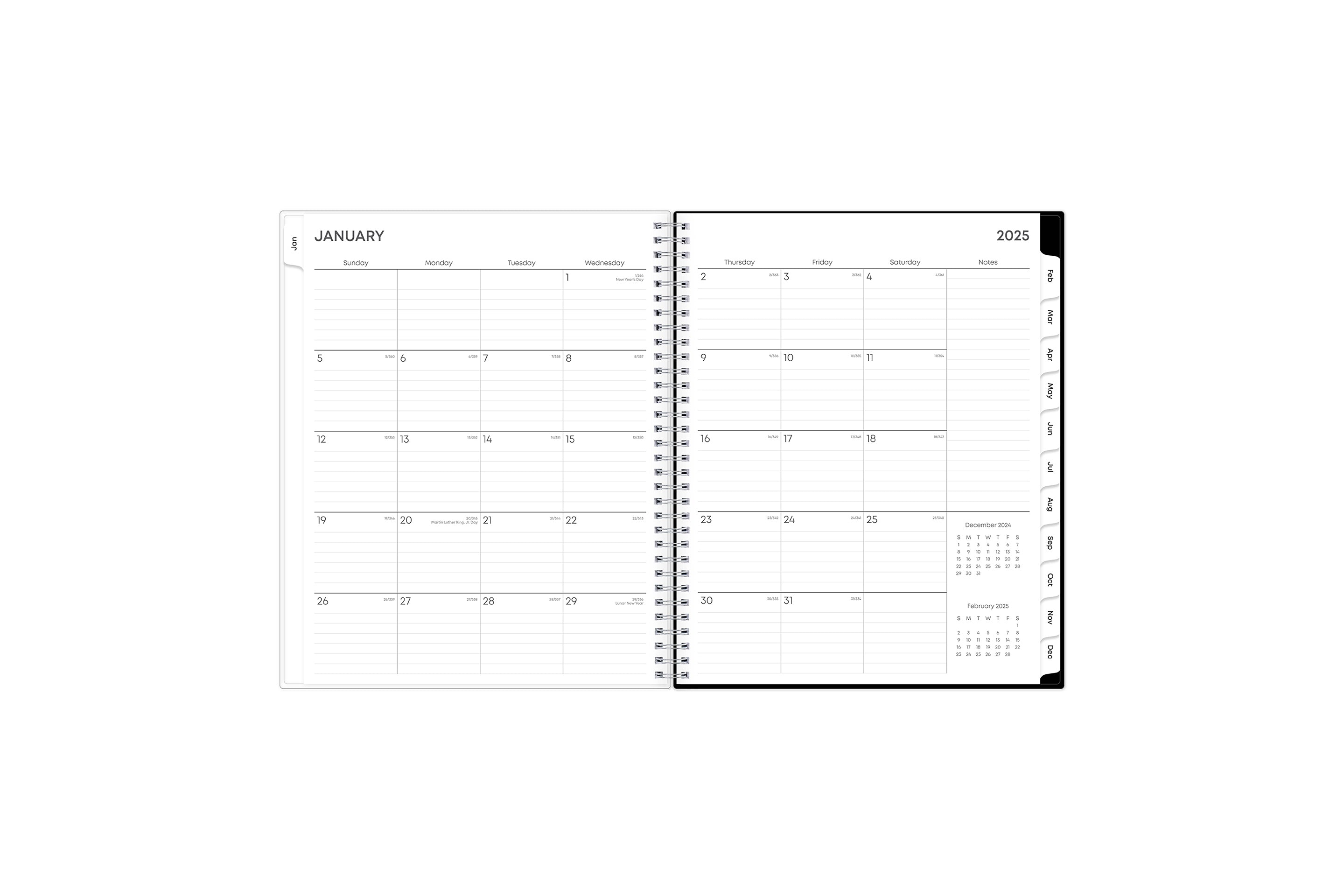 January 2025 - December 2025 weekly monthly planner featuring a monthly spread boxes for each day, lined writing space, notes section, reference calendars, and pink monthly tabs with white text in 8.5x11 size