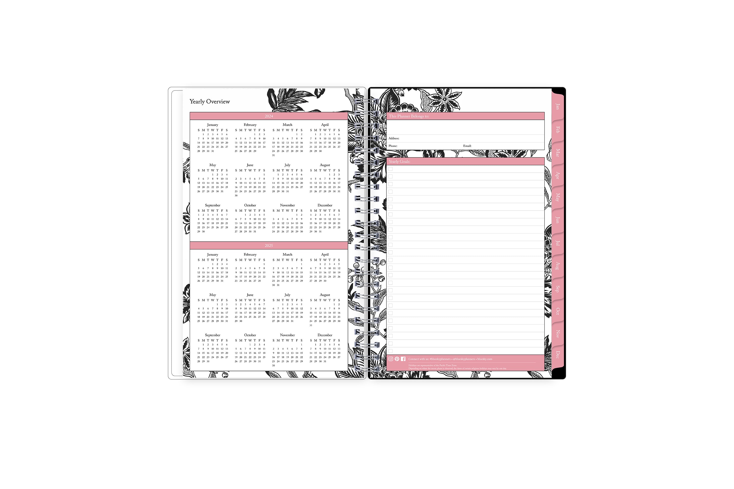 5x8 2024 weekly monthly planner features a yearly overview of 2024 and 2025 with contact page for owner of planner and bulleted yearly goals and accomplishments with pink monthly tabs and white text