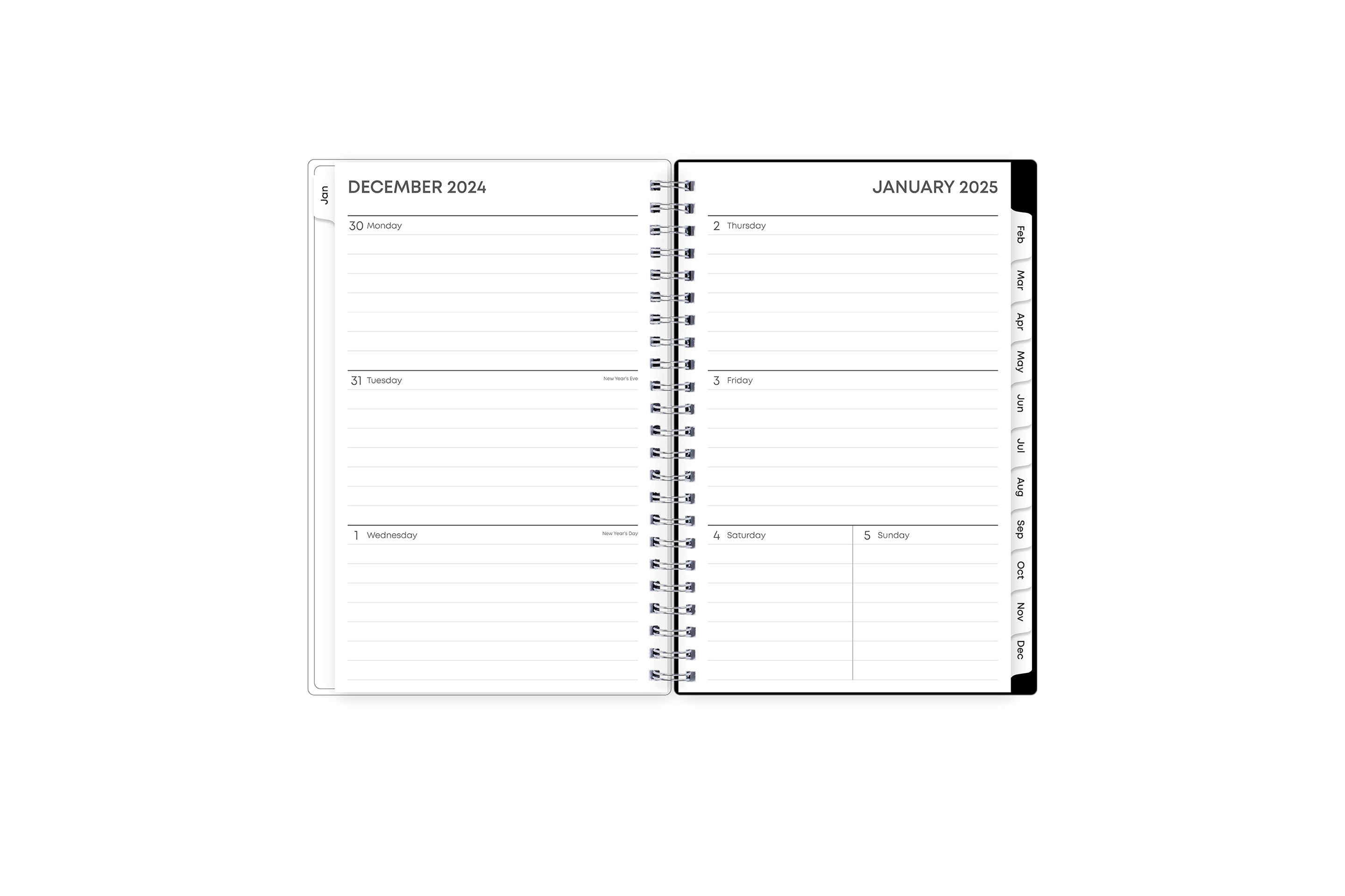January 2025 - December 2025 weekly monthly planner featuring a weekly spread boxes for each day, lined writing space, notes section, reference calendars, and pink monthly tabs with white text in 5x8 size