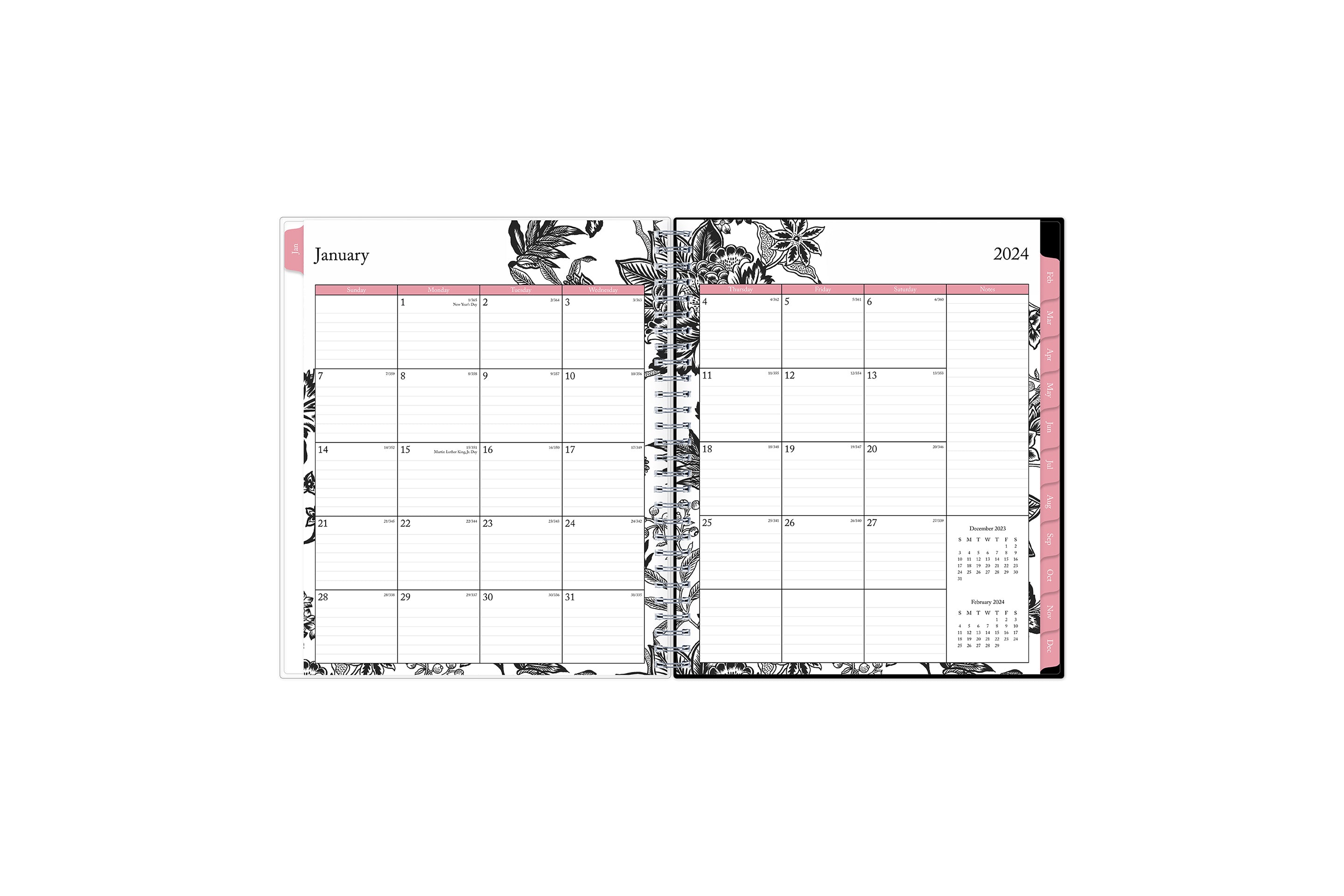 January 2024 - December 2024 monthly planner featuring a monthly spread boxes for each day, lined writing space, notes section, reference calendars, and pink monthly tabs with white text in 8x10 size