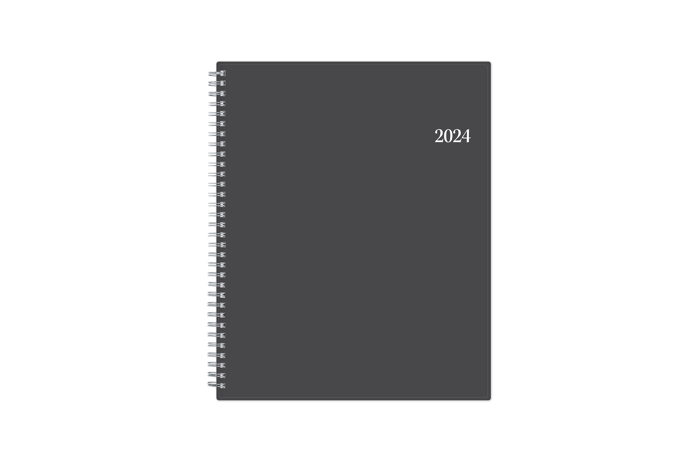 January 2024 - December 2024 weekly monthly planner featuring a charcoal front cover design and silver twin wire-o binding 8.5x11 size