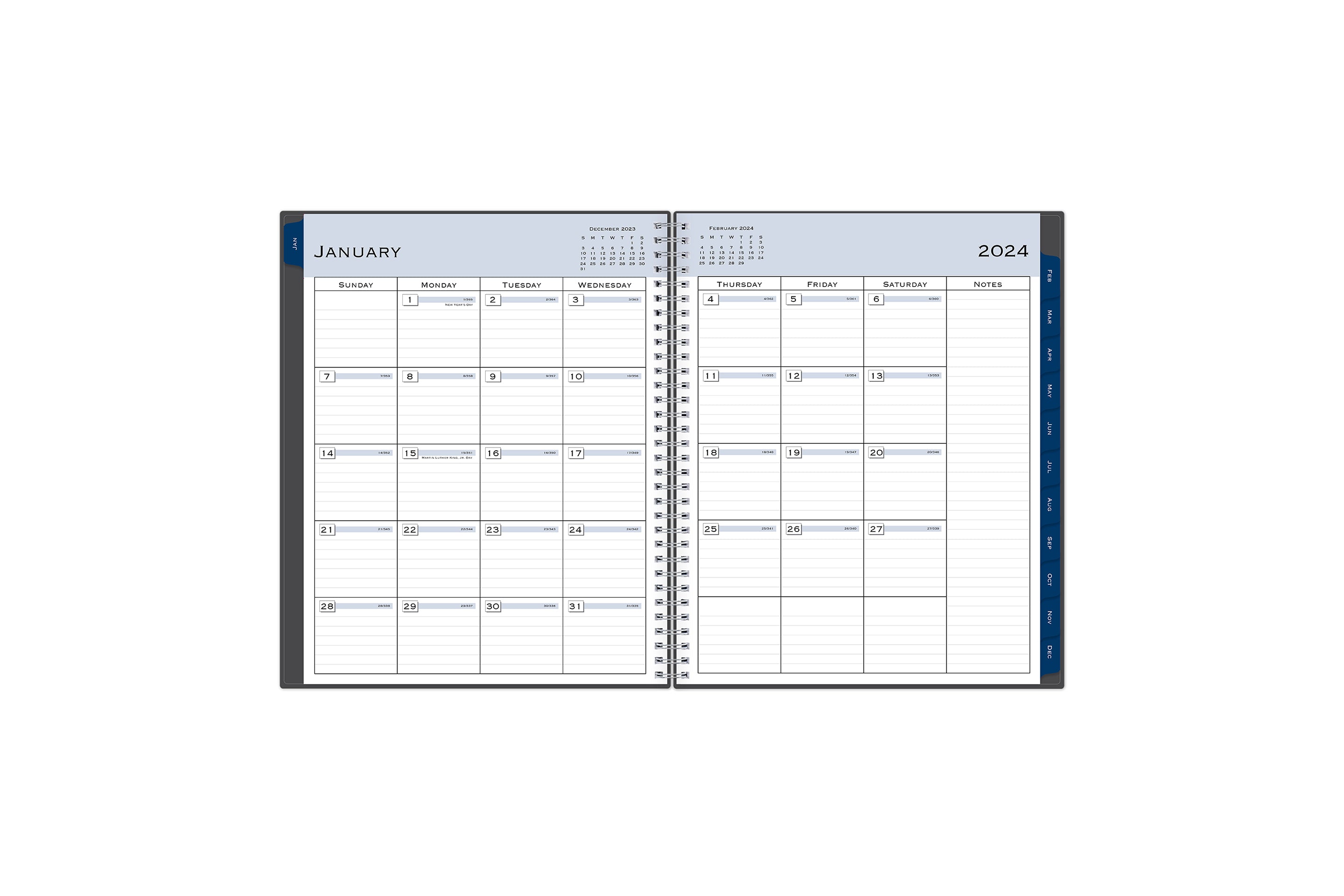 January 2024 - December 2024 weekly monthly planner featuring a monthly spread boxes for each day, lined writing space, notes section, reference calendars, and dark blue monthly tabs with white text in 8.5x11 size