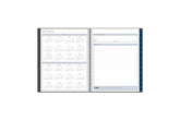 8.5x11 2024 weekly monthly planner features a yearly overview of 2024 and 2025 with contact page for owner of planner and bulleted yearly goals and accomplishments with navy monthly tabs and white text