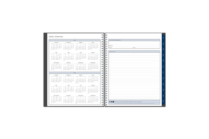 8.5x11 2024 weekly monthly planner features a yearly overview of 2024 and 2025 with contact page for owner of planner and bulleted yearly goals and accomplishments with navy monthly tabs and white text