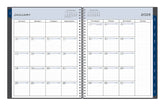 January 2026 - December 2026 weekly monthly planner featuring a monthly spread boxes for each day, lined writing space, notes section, reference calendars, and dark blue monthly tabs with white text in 8.5x11 size